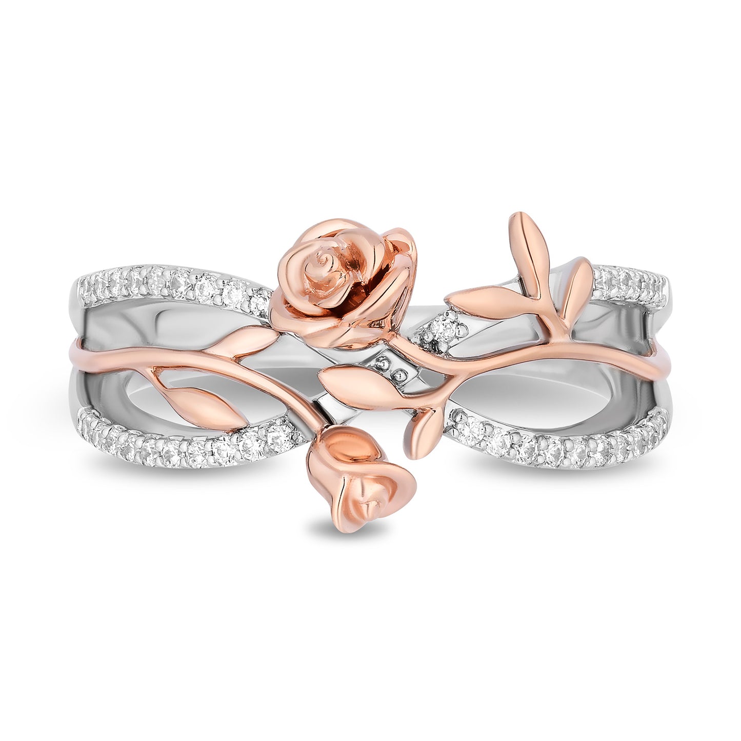 Enchanted Disney Fine Jewelry 14K Rose Gold Over Sterling Silver with 1/6 CTTW Diamonds Belle Crossover Ring
