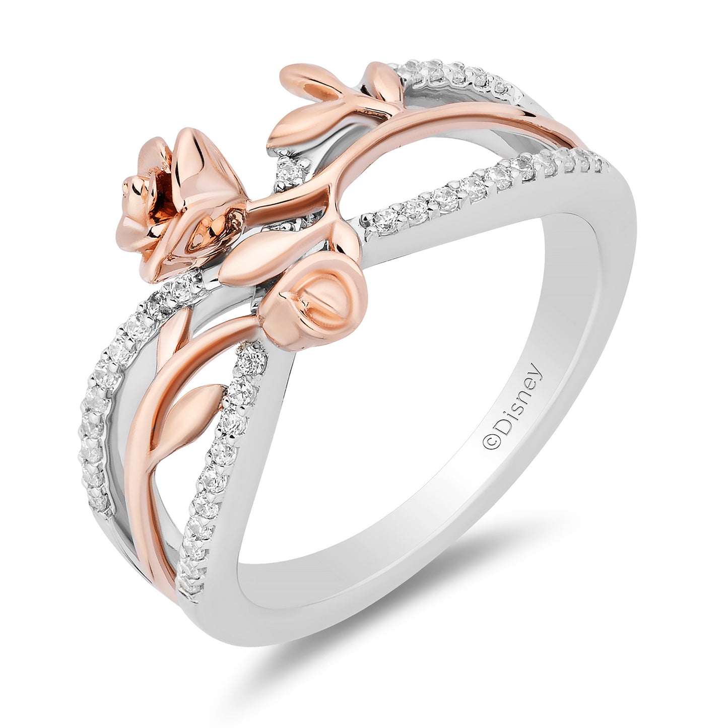 Enchanted Disney Fine Jewelry 14K Rose Gold Over Sterling Silver with 1/6 CTTW Diamonds Belle Crossover Ring
