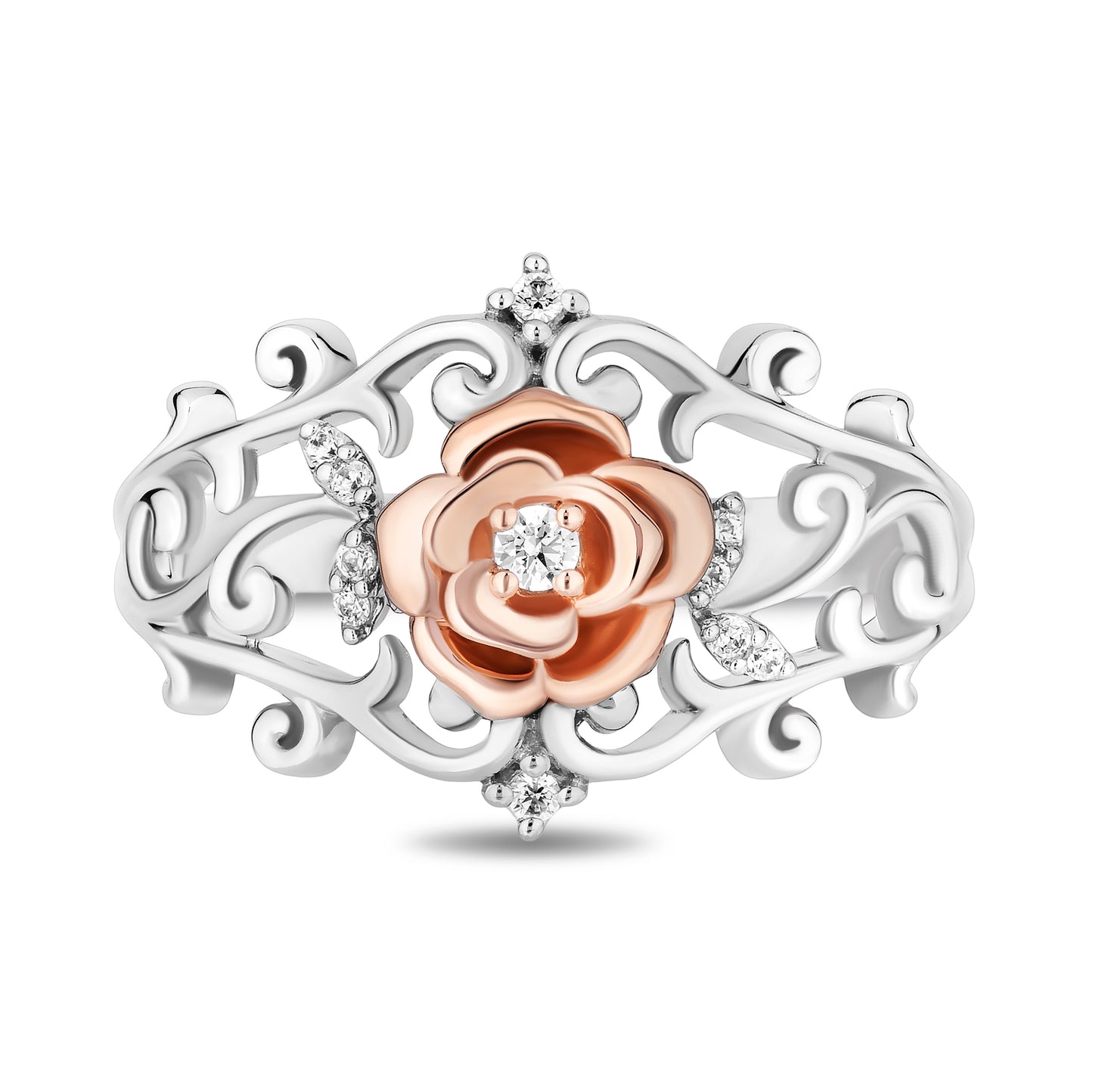 Enchanted Disney Fine Jewelry 14K Rose Gold Over Sterling Silver with 1/10 CTTW Diamonds Belle Rose Ring