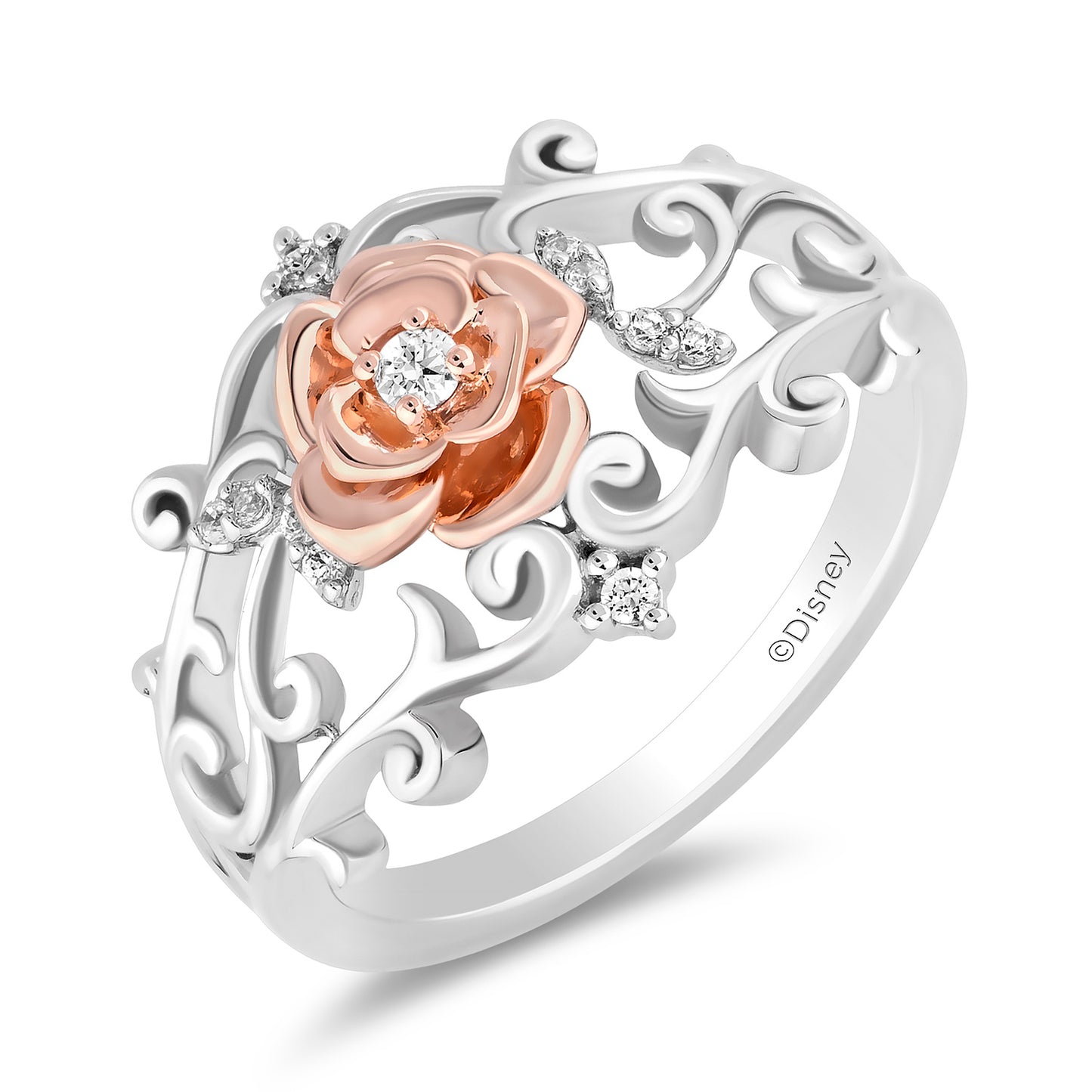 Enchanted Disney Fine Jewelry 14K Rose Gold Over Sterling Silver with 1/10 CTTW Diamonds Belle Rose Ring