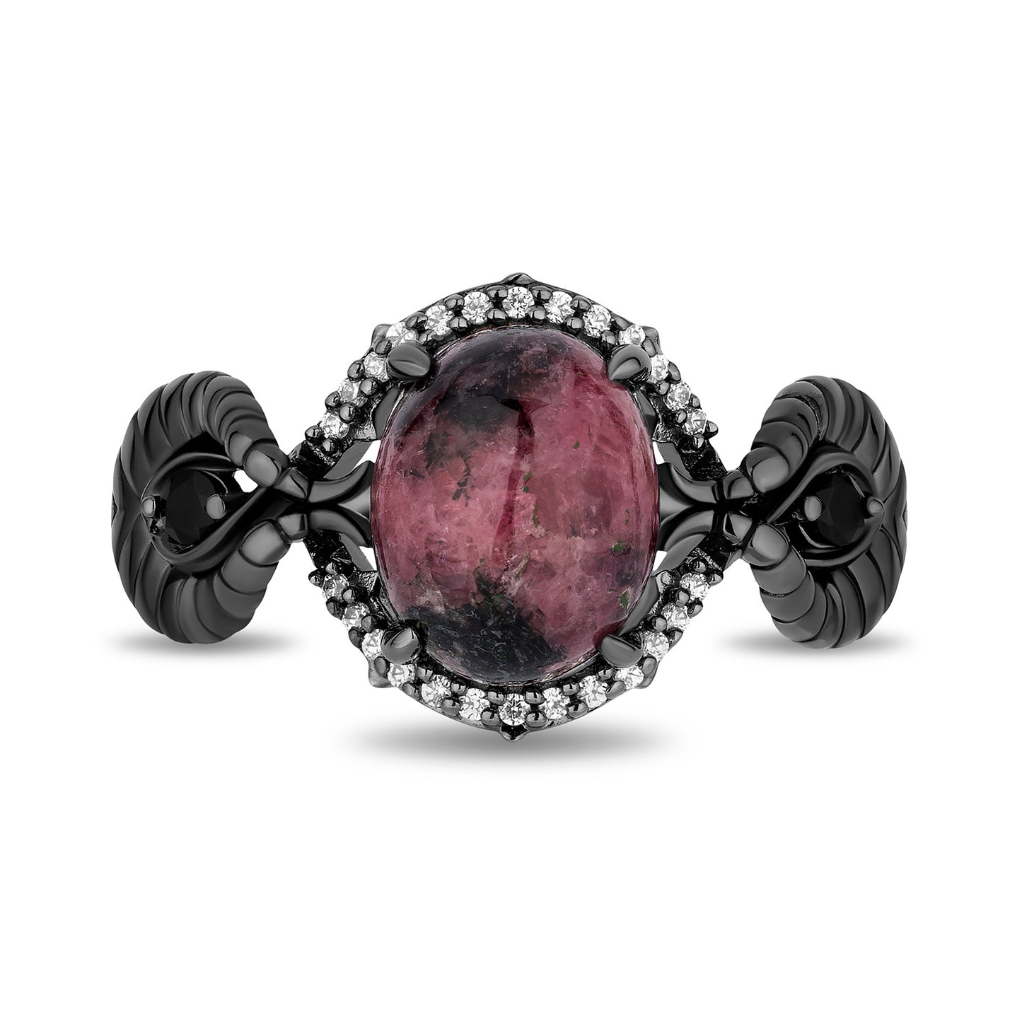 Enchanted Disney Fine Jewelry Black Rhodium Over Sterling Silver 1/10 CTTW Diamonds with Rhodonite and Black Onyx Maleficent Ring