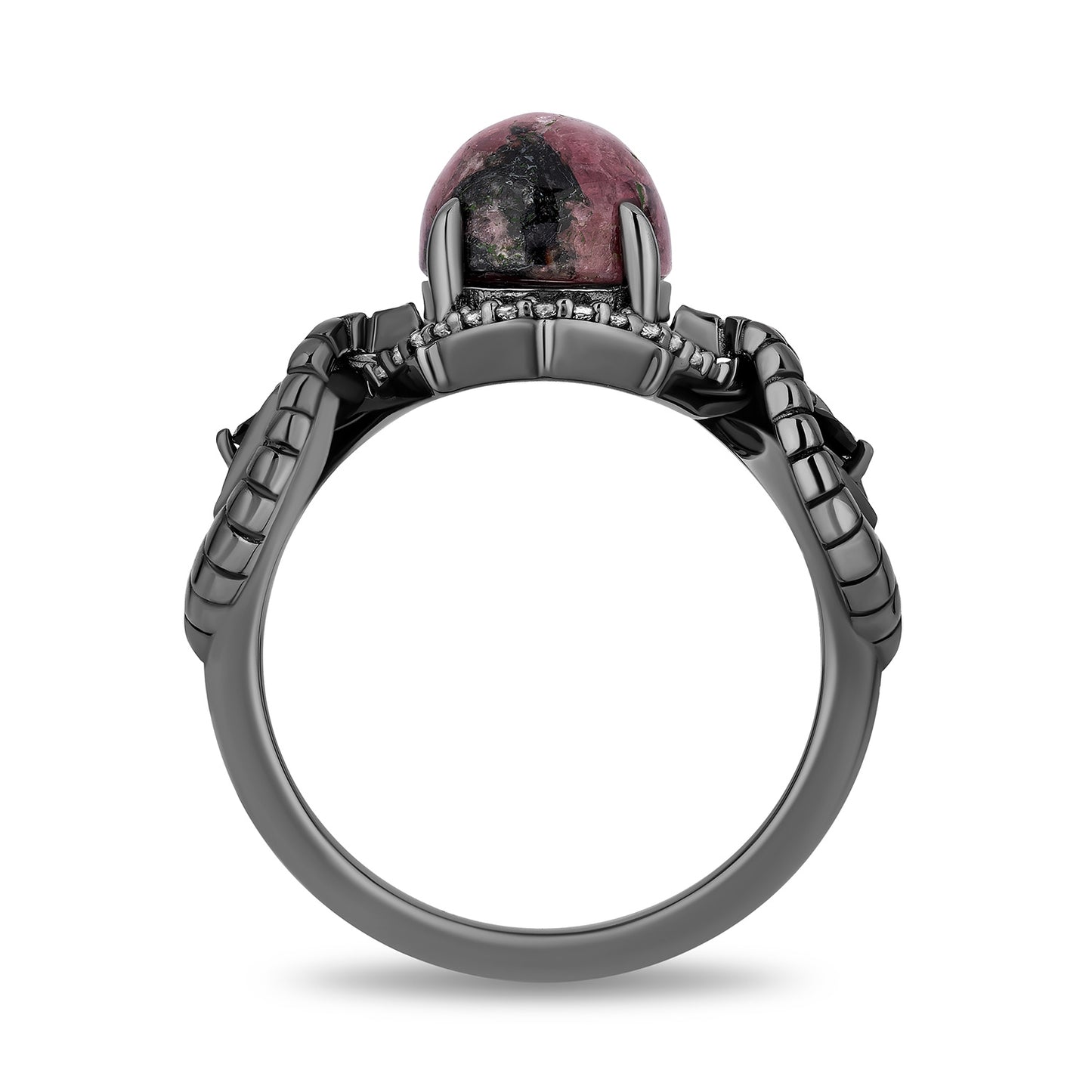 Enchanted Disney Fine Jewelry Black Rhodium Over Sterling Silver 1/10 CTTW Diamonds with Rhodonite and Black Onyx Maleficent Ring