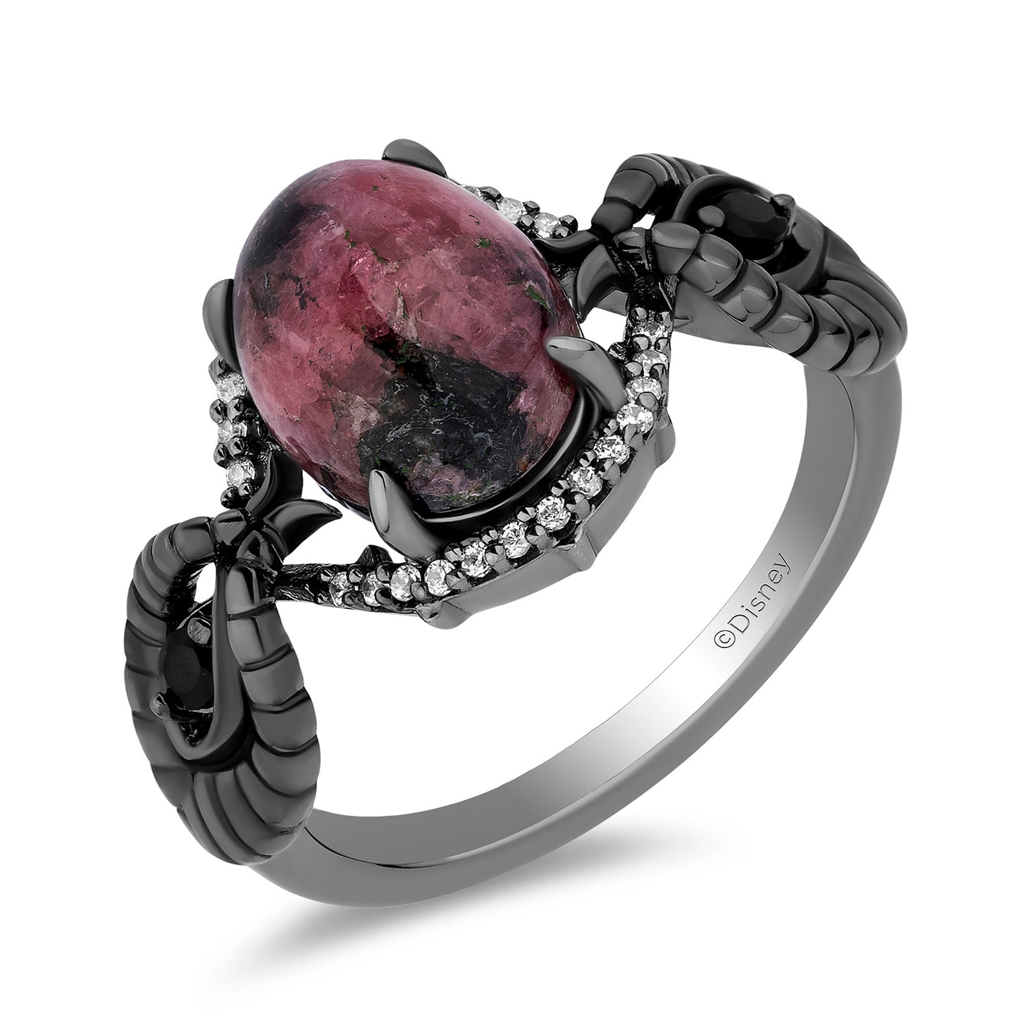 Enchanted Disney Fine Jewelry Black Rhodium Over Sterling Silver 1/10 CTTW Diamonds with Rhodonite and Black Onyx Maleficent Ring