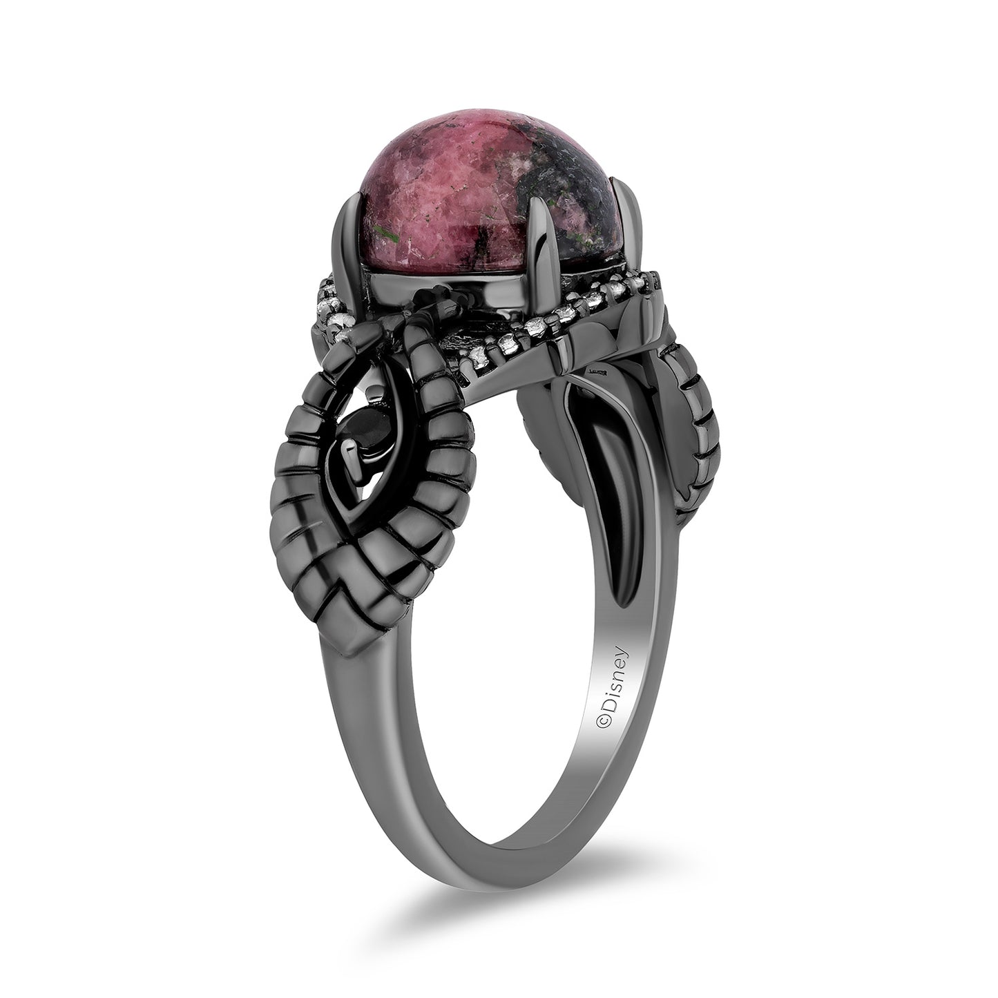 Enchanted Disney Fine Jewelry Black Rhodium Over Sterling Silver 1/10 CTTW Diamonds with Rhodonite and Black Onyx Maleficent Ring