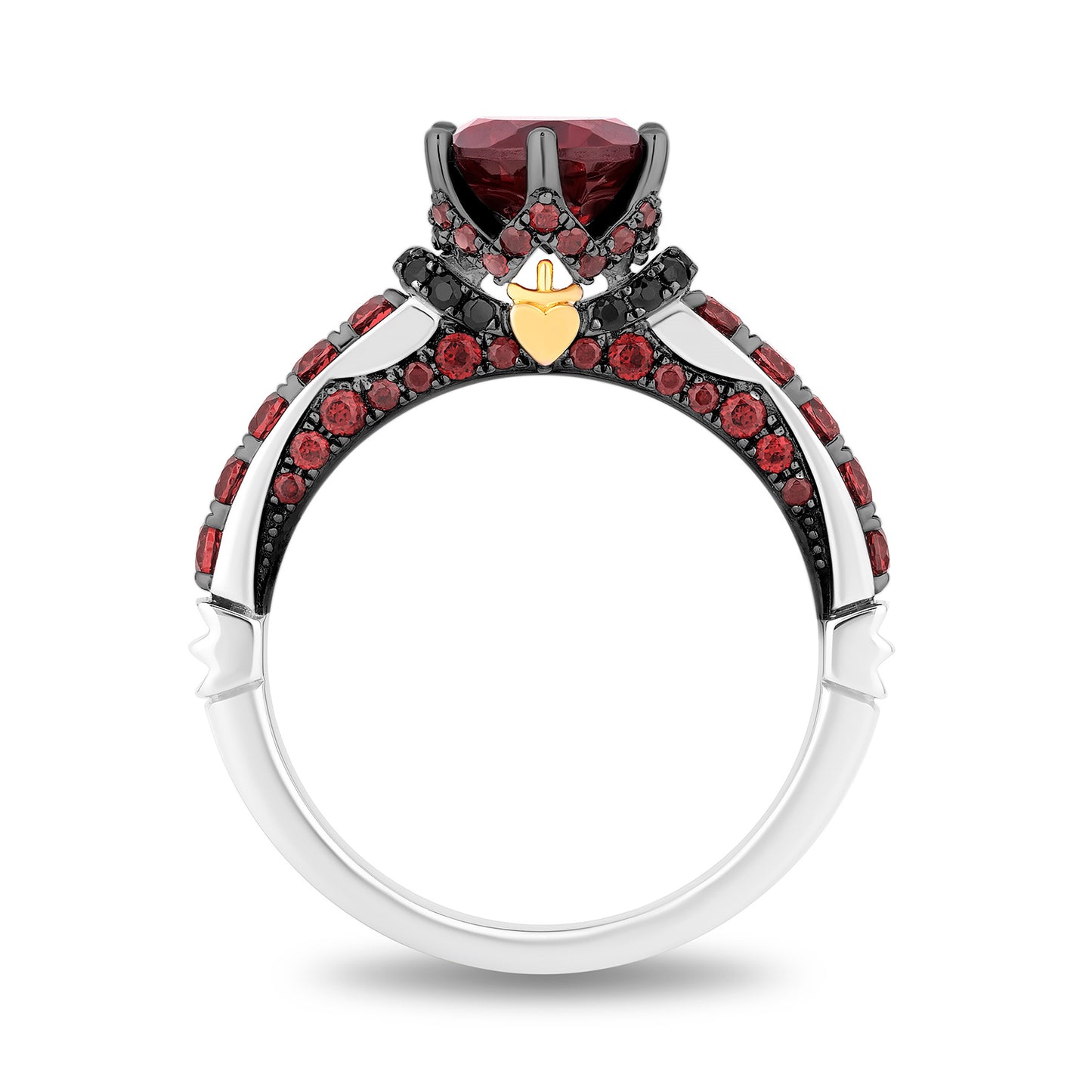Enchanted Disney Fine Jewelry 14K White and Yellow Gold with 1/10 CTTW Black Diamond and Red Garnet, Disney's Evil Queen Engagement Ring