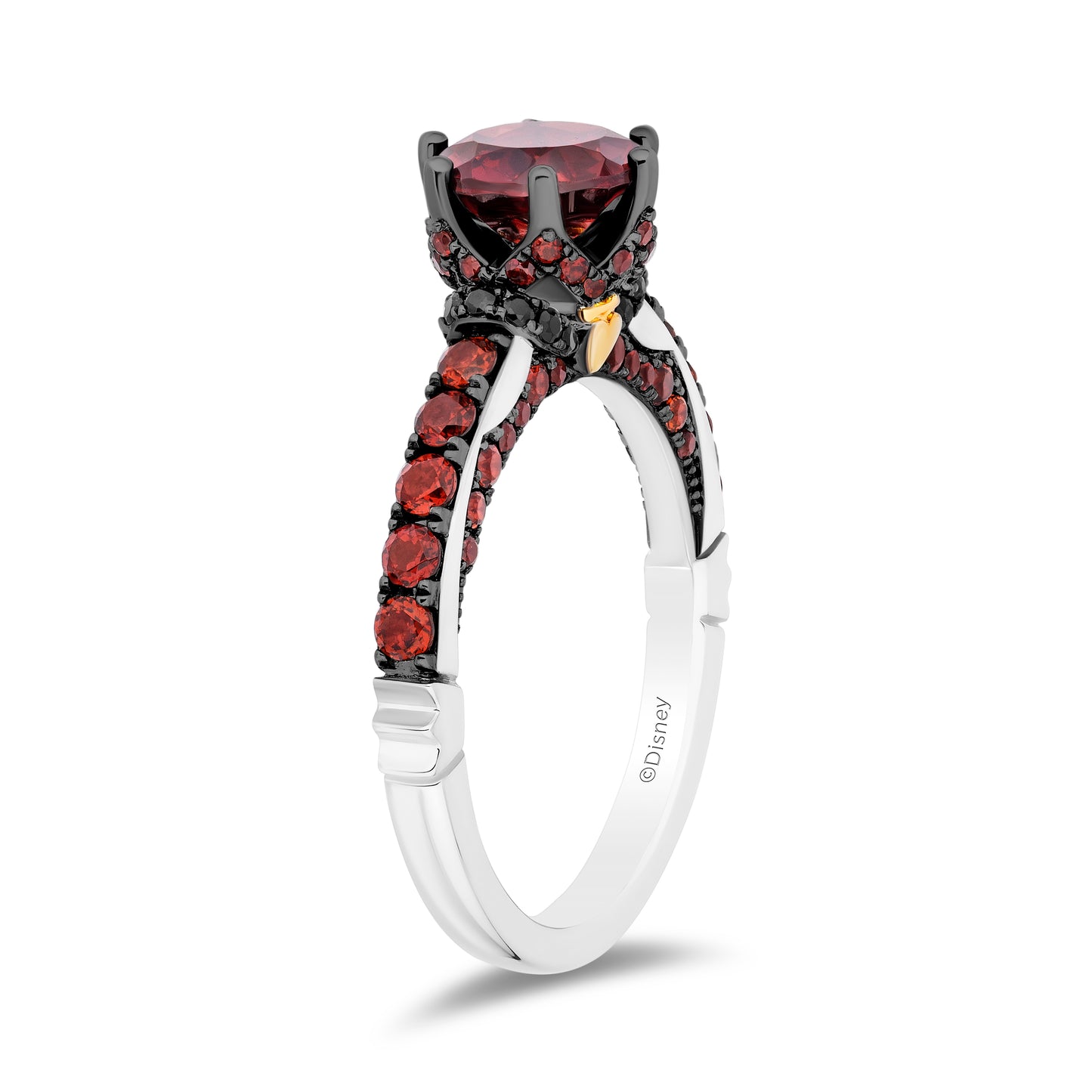 Enchanted Disney Fine Jewelry 14K White and Yellow Gold with 1/10 CTTW Black Diamond and Red Garnet, Disney's Evil Queen Engagement Ring