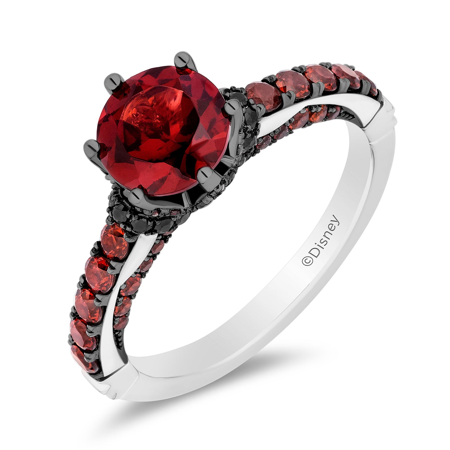 Enchanted Disney Fine Jewelry 14K White and Yellow Gold with 1/10 CTTW Black Diamond and Red Garnet, Disney's Evil Queen Engagement Ring