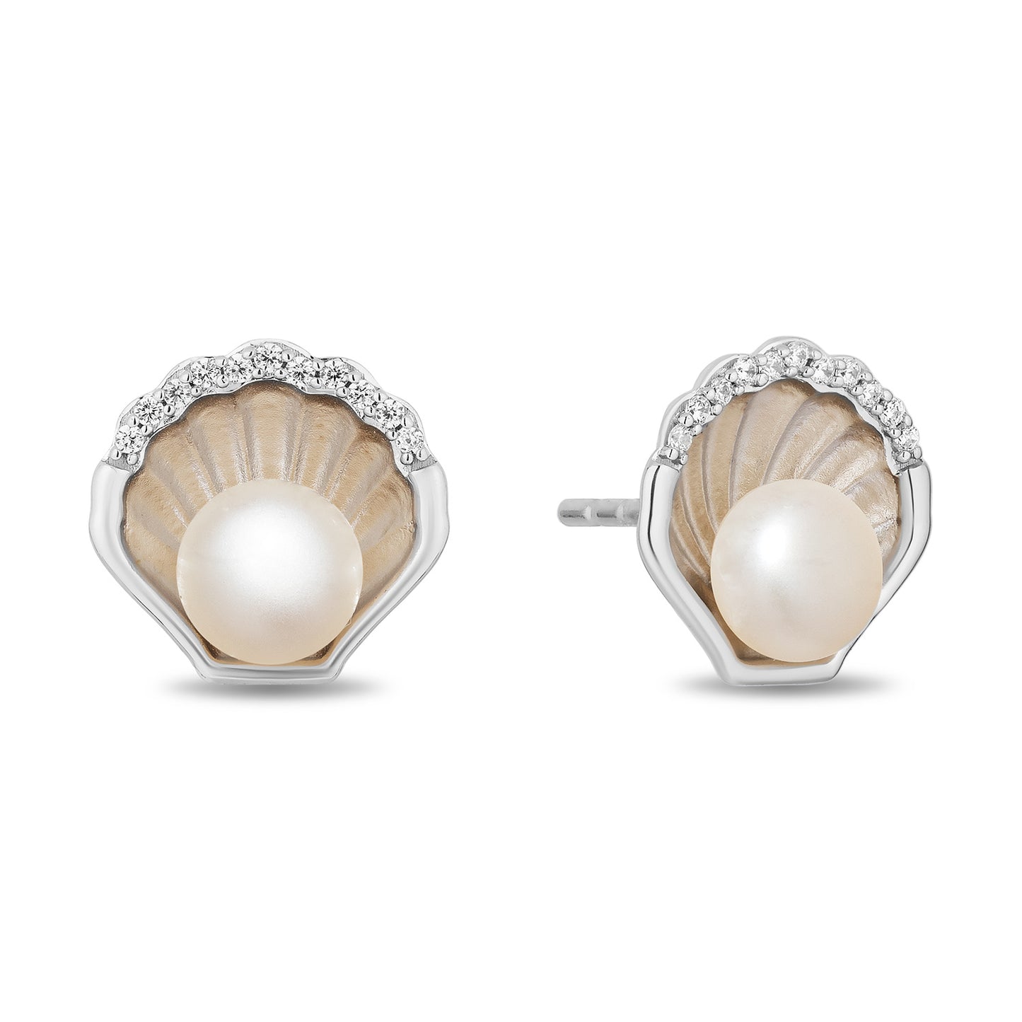 Enchanted Disney Fine Jewelry Sterling Silver with 1/20 CTTW Diamonds and Pearl Ariel Shell Stud Earrings