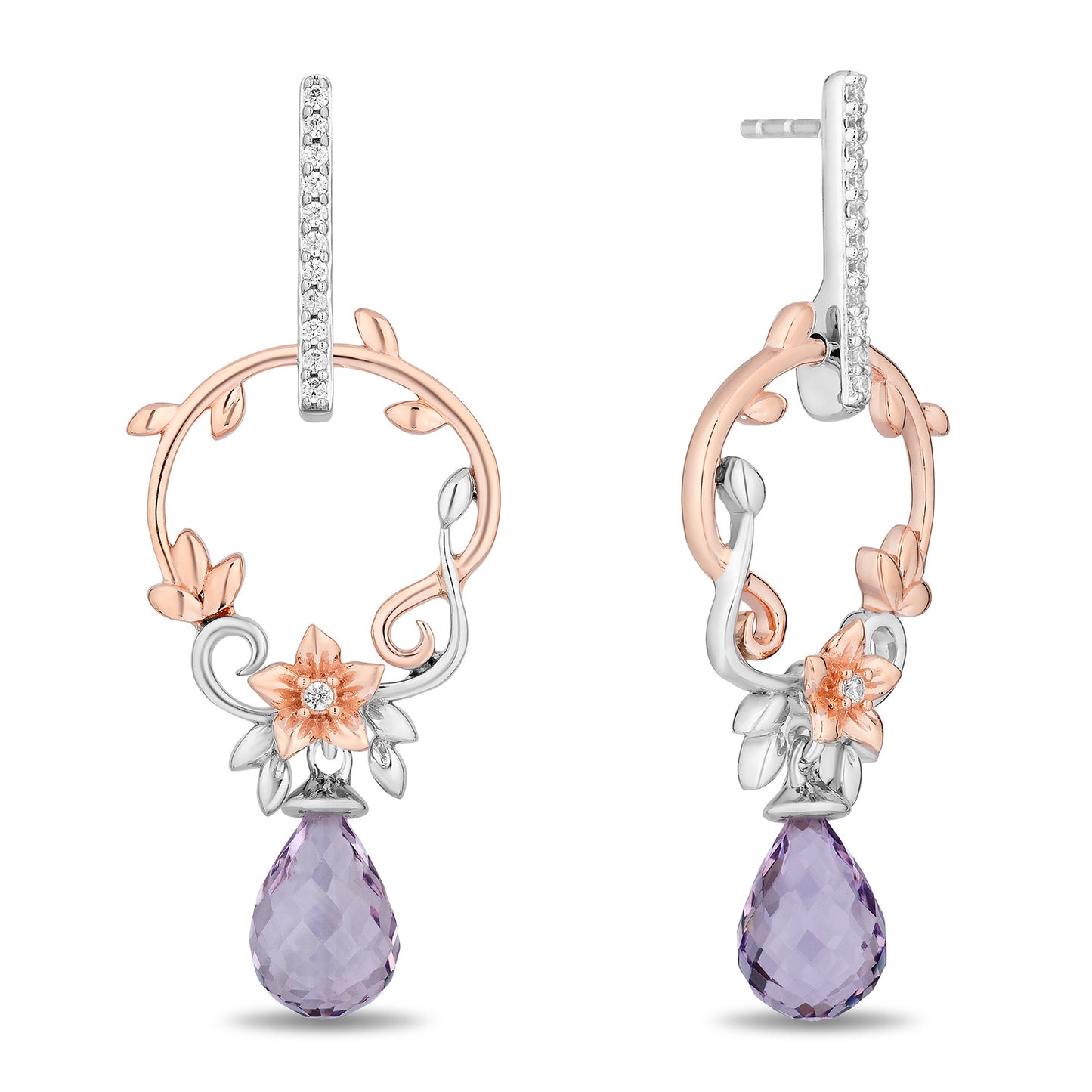 Enchanted Disney Fine Jewelry 14K Rose Gold Over Sterling Silver with 1/6 CTTW Diamonds and Rose De France Briolette Rapunzel Earrings