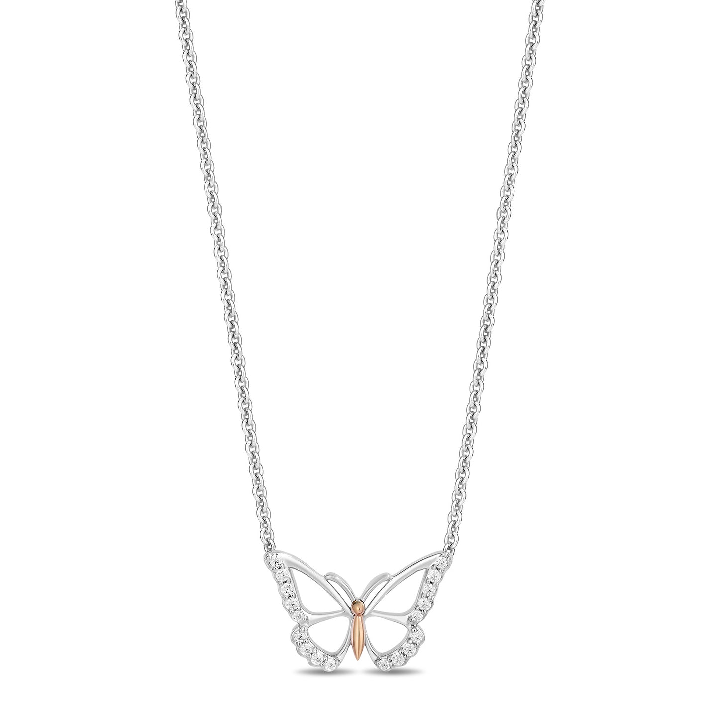 Enchanted Disney Fine Jewelry 14K Rose Gold Over Sterling Silver with 1/6 CTTW Diamonds Mulan Butterfly Pendant Necklace