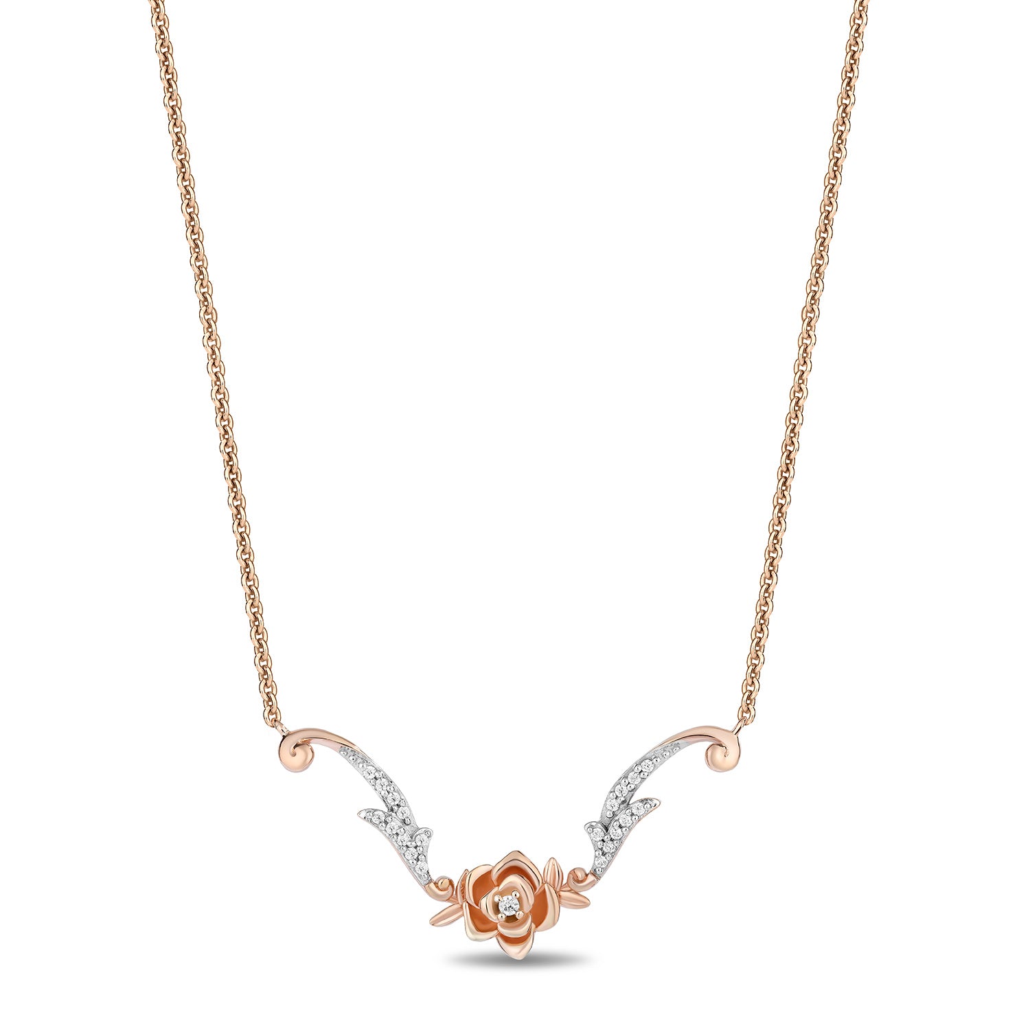 Disney Belle Inspired Diamonds Rose Necklace in 14K Rose Gold Over