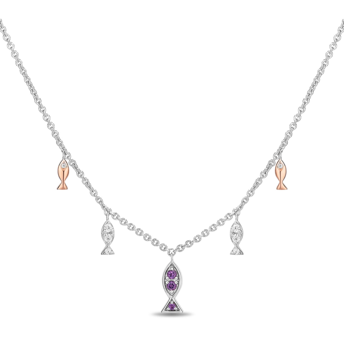 Enchanted Disney Fine Jewelry 14K Rose Gold Over Sterling Silver with 1/10 CTTW Diamonds and Amethyst Ariel Necklace