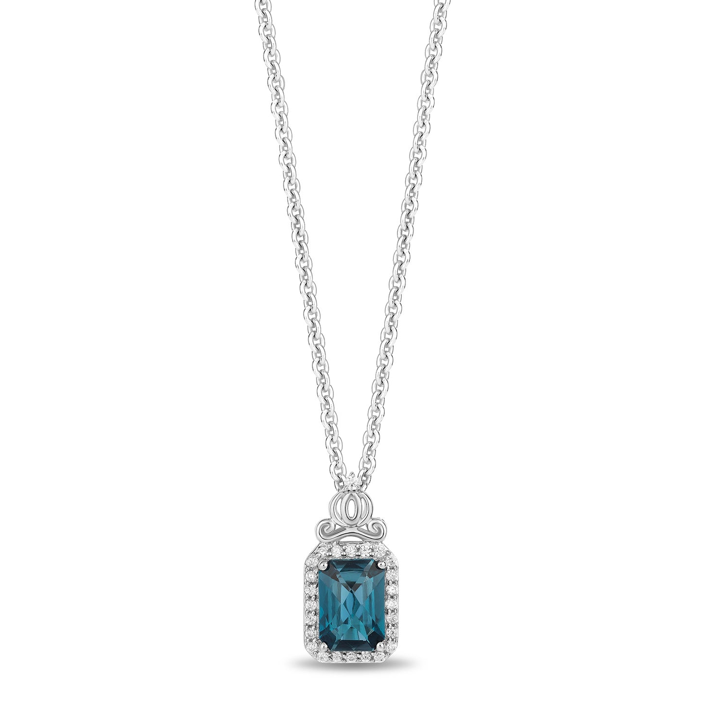 Enchanted Disney Fine Jewelry Sterling Silver with 1/10 CTTW Diamonds and London Blue Topaz Cinderella Pendant Necklace