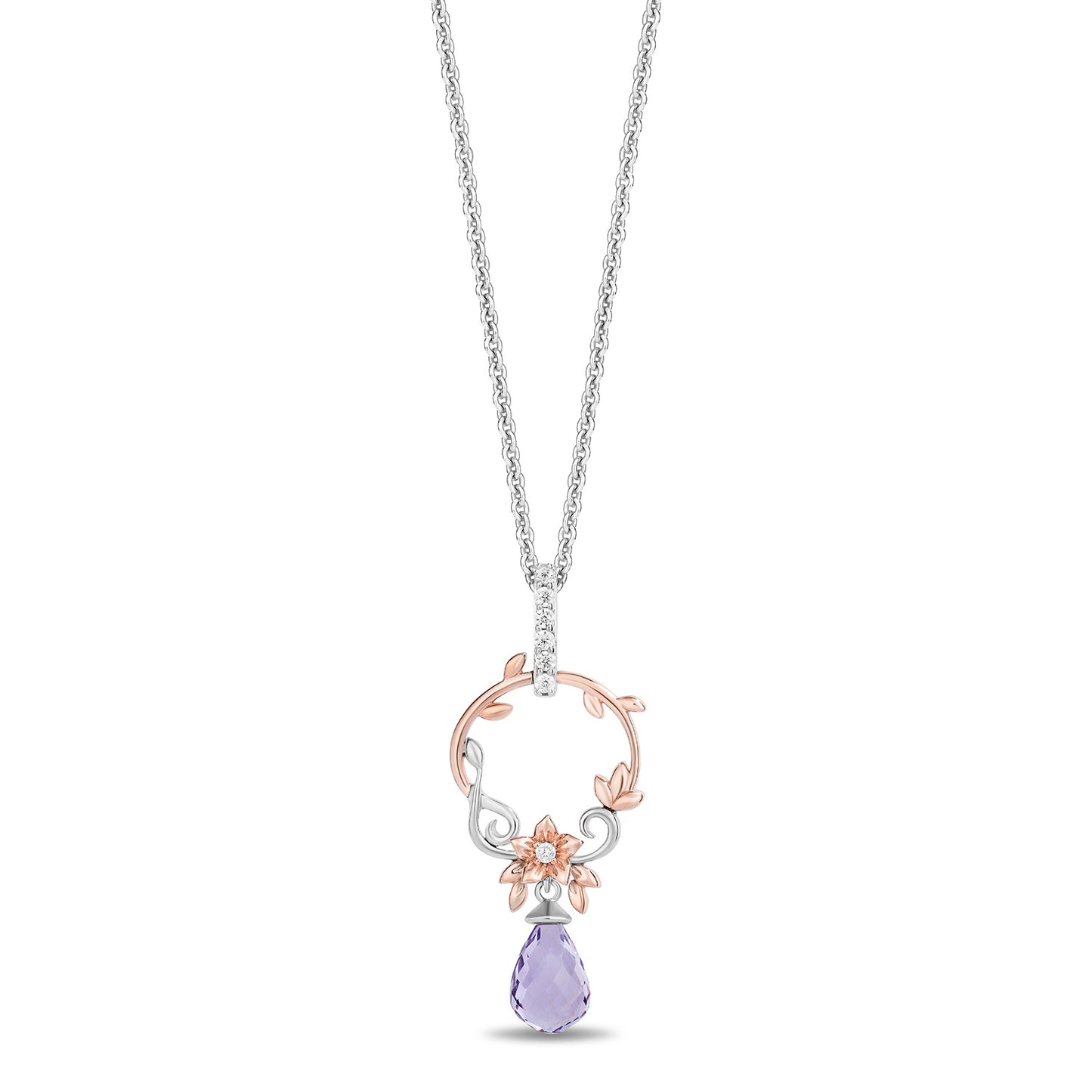 Enchanted Disney Fine Jewelry 14K Rose Gold Over Sterling Silver with 1/10 CTTW Diamonds and Rose De France Briolette Rapunzel Pendant Necklace