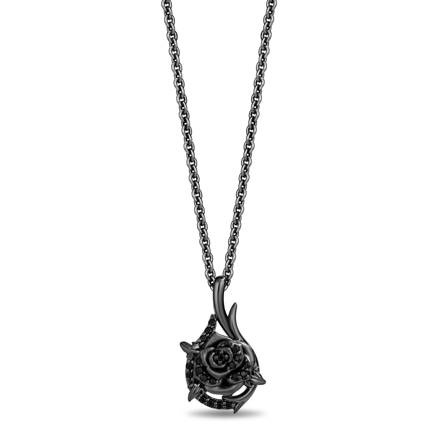 Enchanted Disney Fine Jewelry Black Rhodium Over Sterling Silver with 1/6 CTTW Diamonds Maleficent Thorny Rose Pendant Necklace