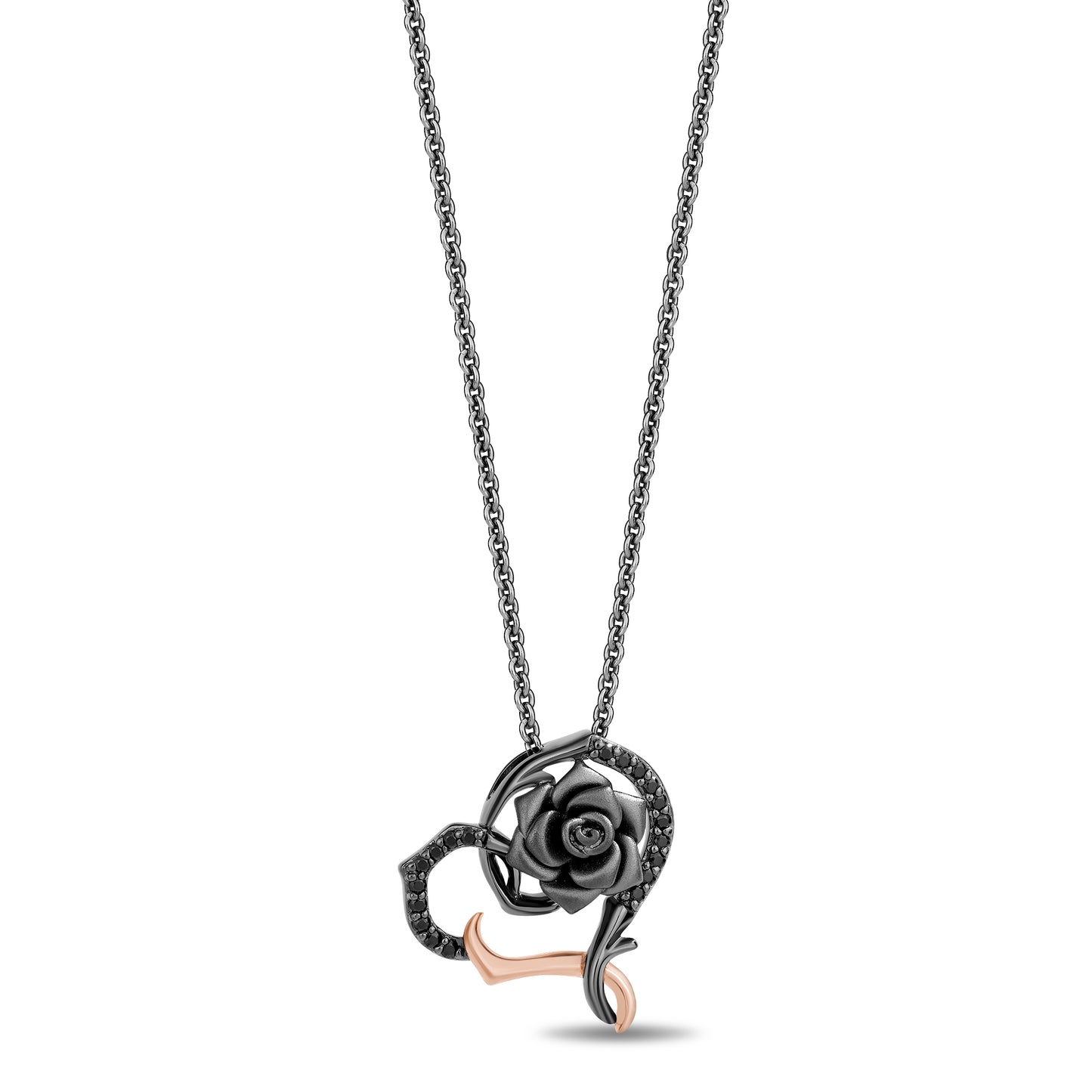 Enchanted Disney Fine Jewelry 14K Rose Gold and Black Rhodium over Sterling Silver with 1/6 CTTW Black Diamond, Disney's Maleficent Heart Necklace