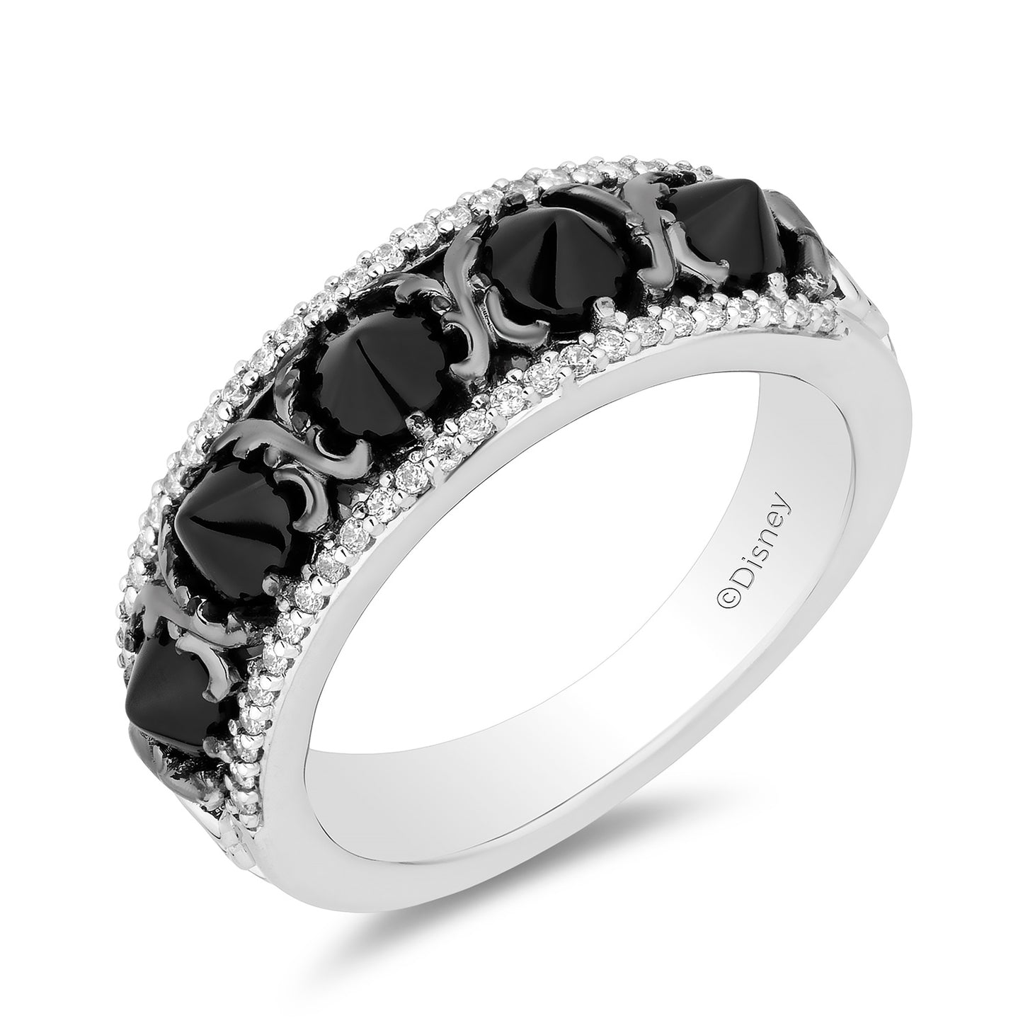 Enchanted Disney Fine Jewelry Black Rhodium Over Sterling Silver with 1/6 CTTW Diamonds and Black Onyx Maleficent Ring