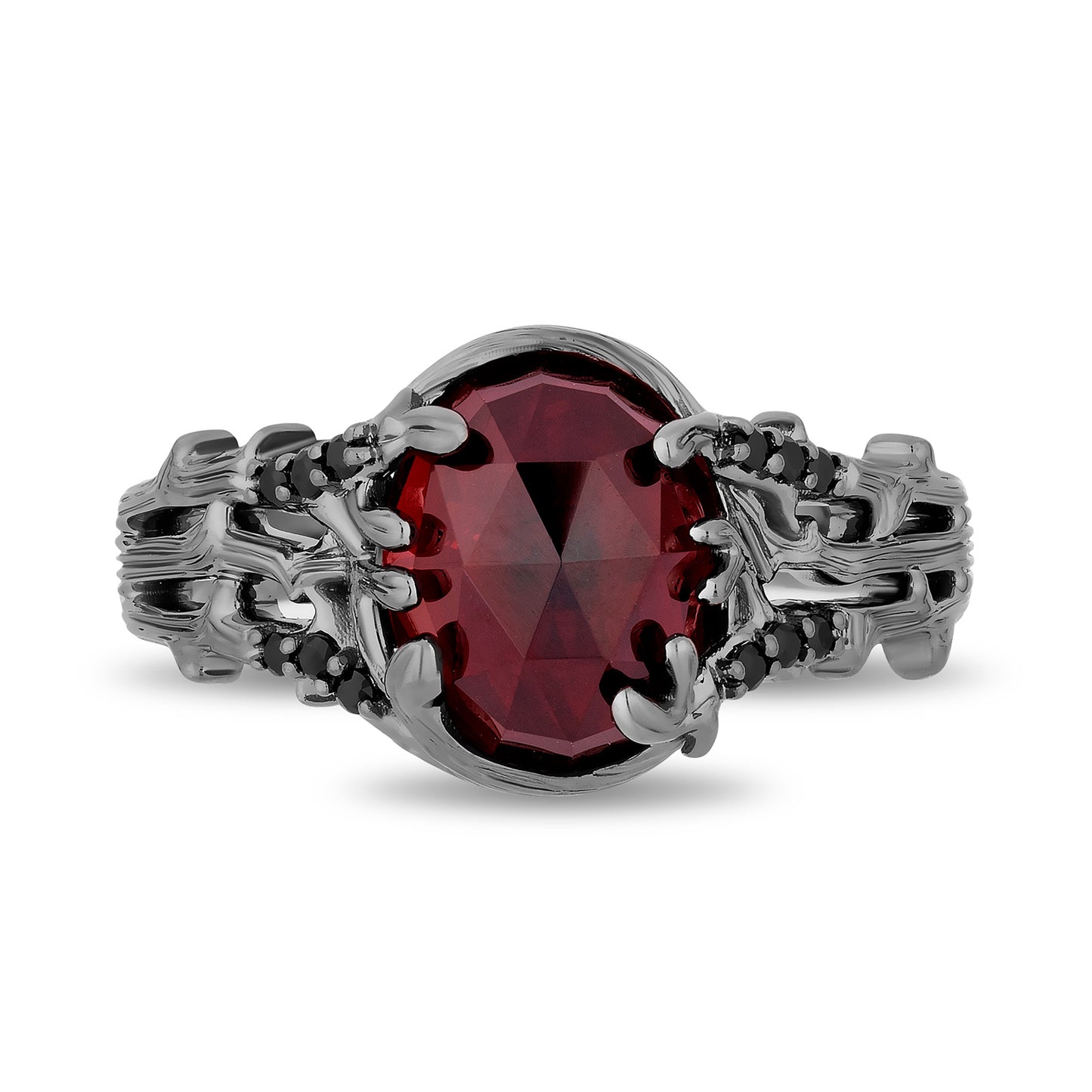 Enchanted Disney Fine Jewelry Black Rhodium Over Sterling Silver with 1/10 CTTW Black Diamonds and Garnet Evil Queen Ring