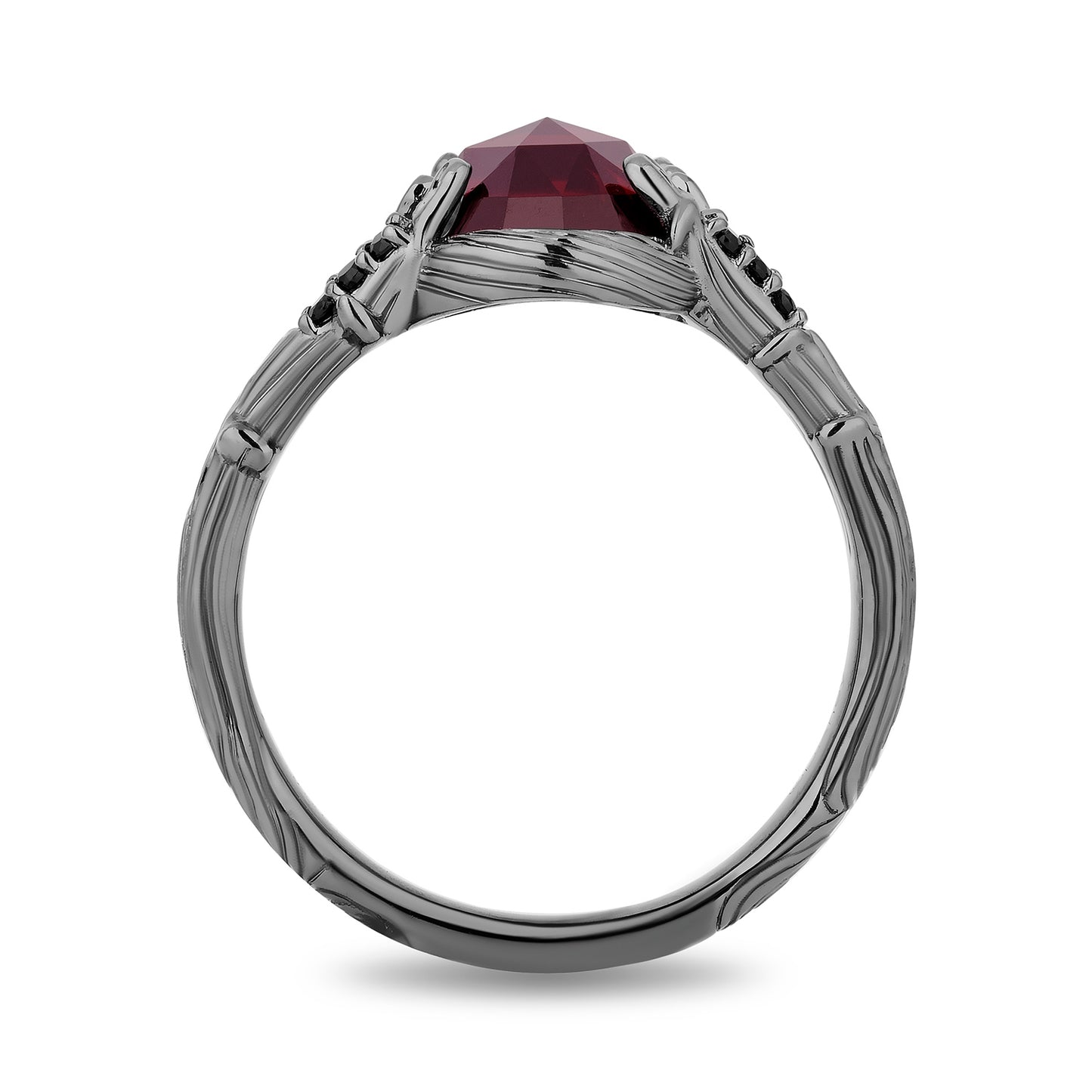 Enchanted Disney Fine Jewelry Black Rhodium Over Sterling Silver with 1/10 CTTW Black Diamonds and Garnet Evil Queen Ring