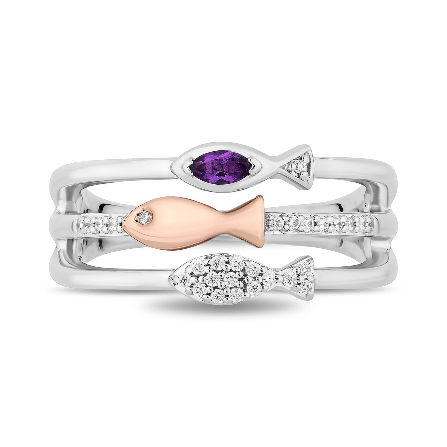 Enchanted Disney Fine Jewelry 14K Rose Gold Over Sterling Silver with 1/10 CTTW Diamonds and Amethyst Ariel Ring