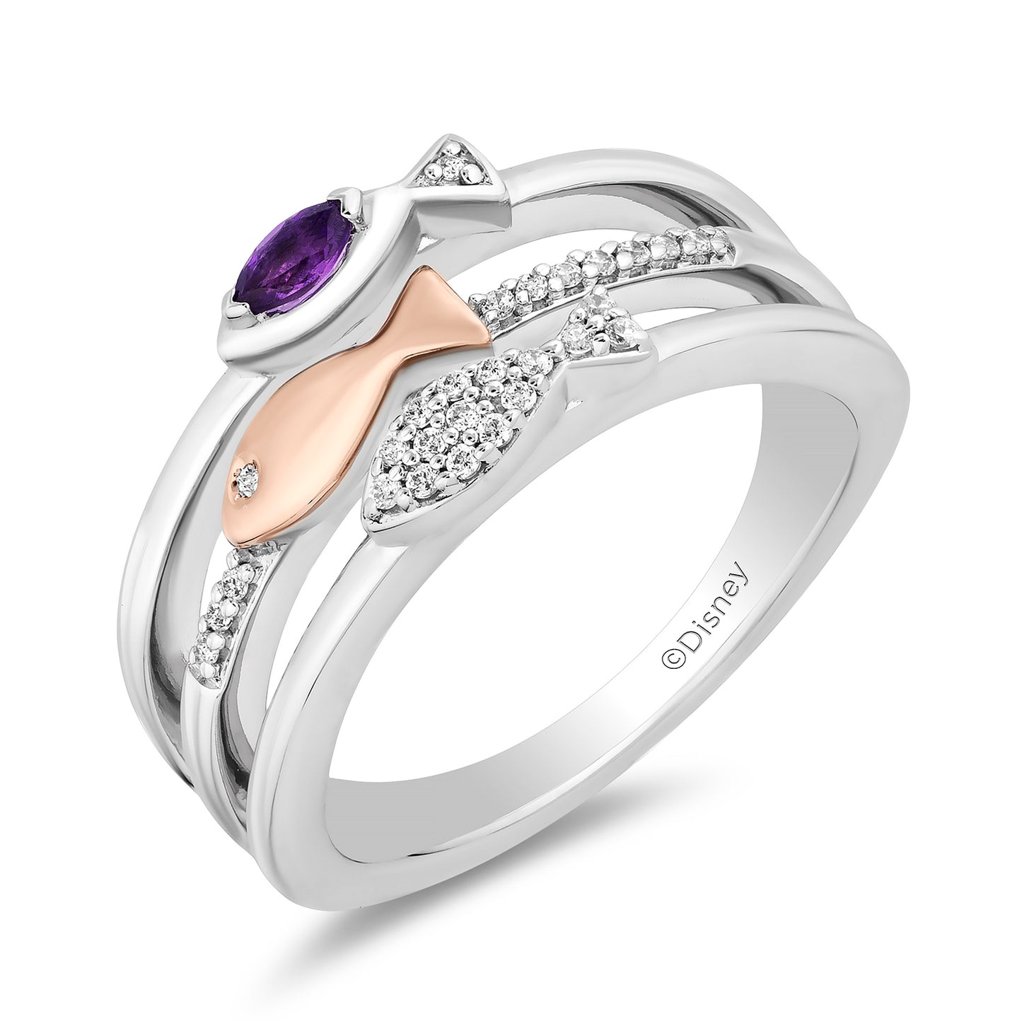 Enchanted Disney Fine Jewelry 14K Rose Gold Over Sterling Silver with 1/10 CTTW Diamonds and Amethyst Ariel Ring