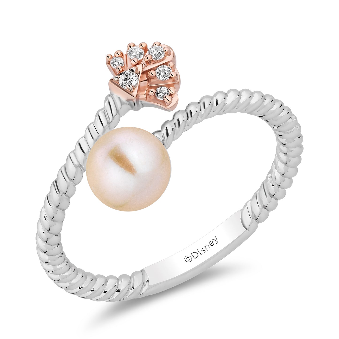 Enchanted Disney Fine Jewelry 14K Rose Gold Over Sterling Silver with 1/20 CTTW Diamonds and Fresh Water Pearl Ariel Ring