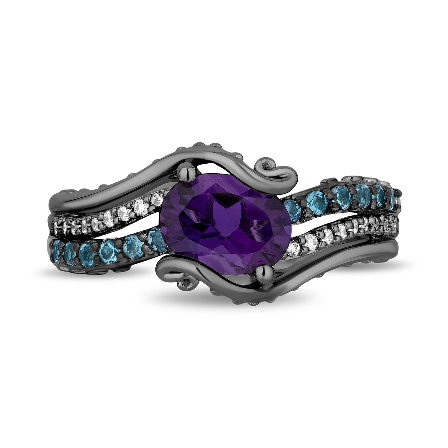Enchanted Disney Fine Jewelry Black Rhodium Over Sterling Silver with 1/10 CTTW Diamonds, Amethyst and Swiss Blue Topaz Ursula Ring