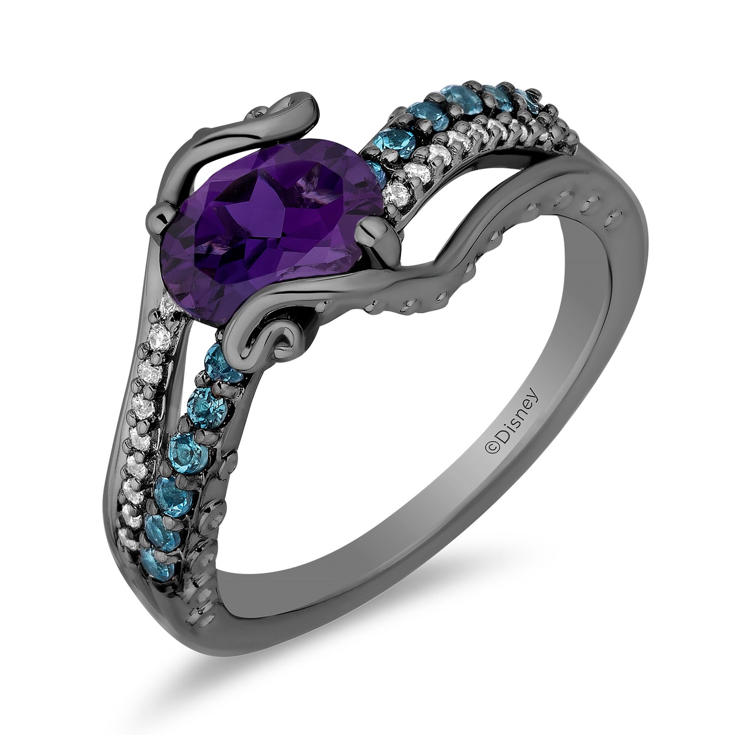Enchanted Disney Fine Jewelry Black Rhodium Over Sterling Silver with 1/10 CTTW Diamonds, Amethyst and Swiss Blue Topaz Ursula Ring