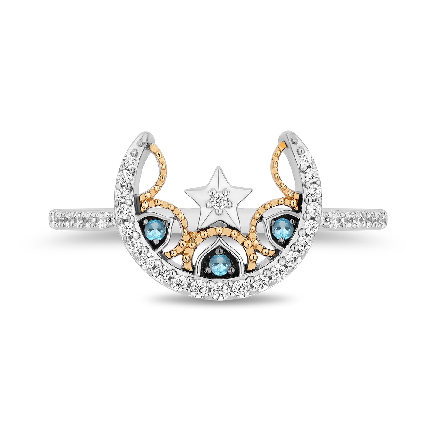 Enchanted Disney Fine Jewelry  Black Rhodium Over Sterling Silver and 10K Yellow Gold with 1/6 CTTW Diamonds and Swiss Blue Topaz Jasmine Moon with Star Ring