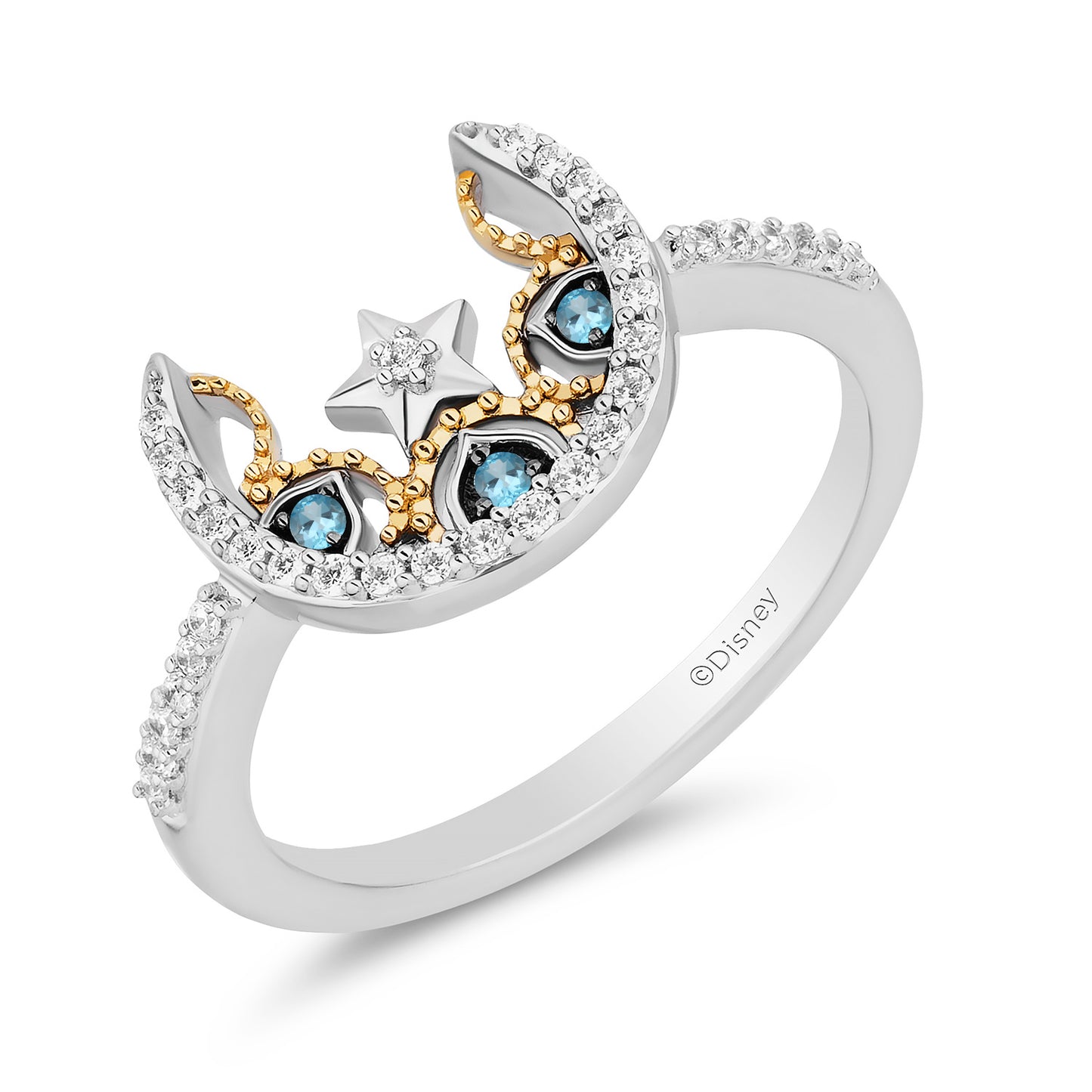 Enchanted Disney Fine Jewelry  Black Rhodium Over Sterling Silver and 10K Yellow Gold with 1/6 CTTW Diamonds and Swiss Blue Topaz Jasmine Moon with Star Ring