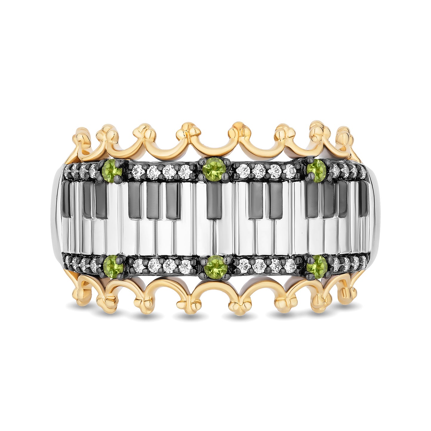 Enchanted Disney Fine Jewelry Black Rhodium Over Sterling Silver and 10K Yellow Gold with 1/8 CTTW Diamonds and Peridot, Disney's Tiana Piano Ring