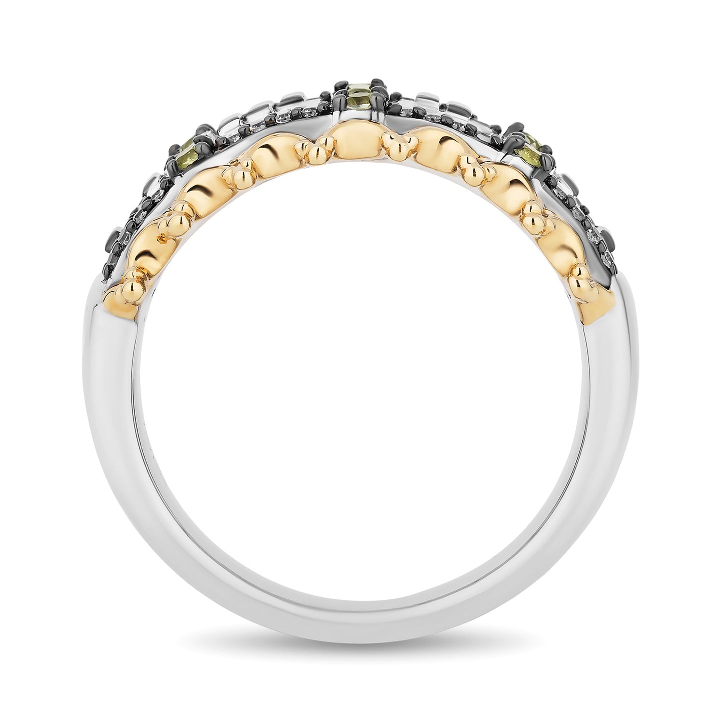 Enchanted Disney Fine Jewelry Black Rhodium Over Sterling Silver and 10K Yellow Gold with 1/8 CTTW Diamonds and Peridot, Disney's Tiana Piano Ring