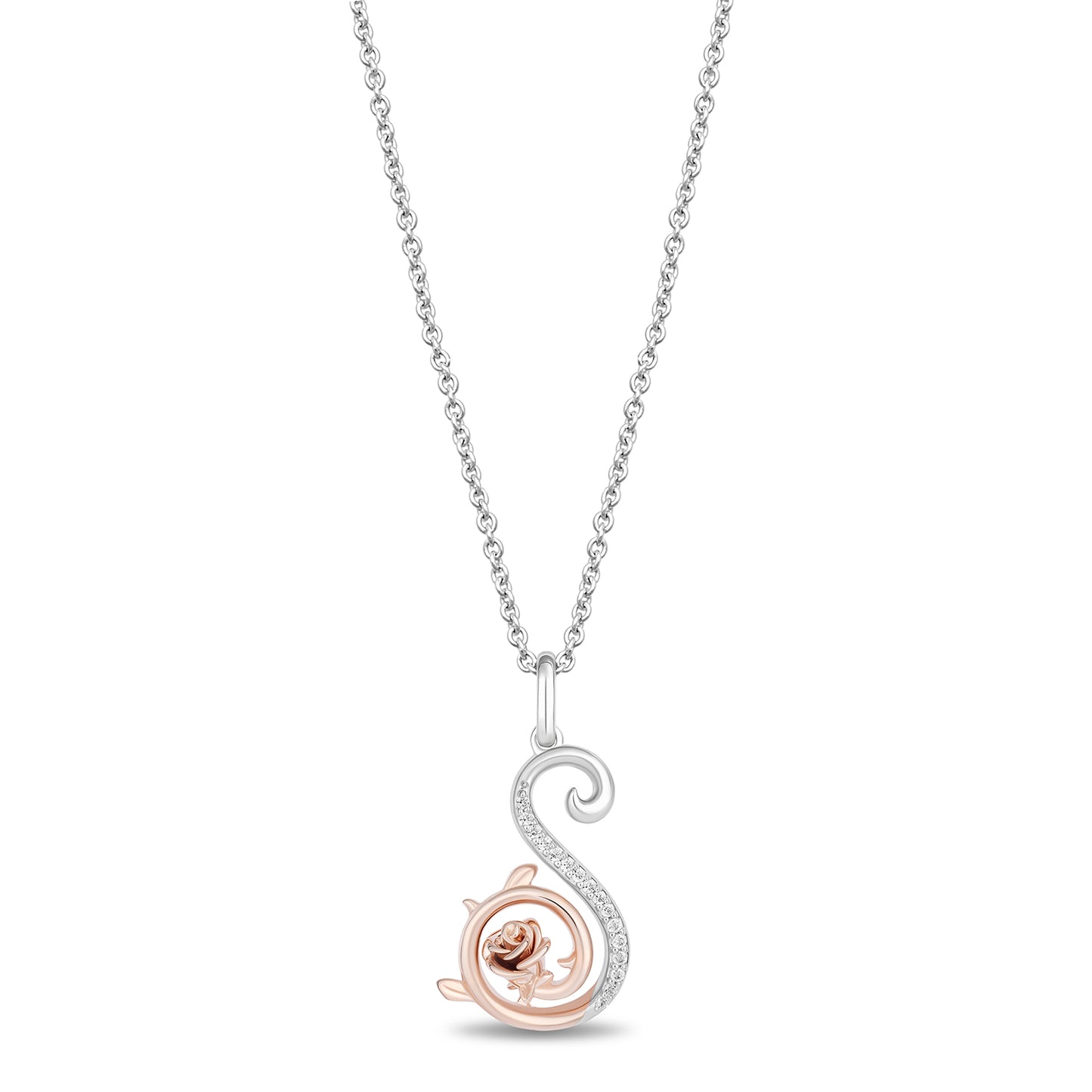 Enchanted Disney Fine Jewelry Sterling Silver and 10K Rose Gold with 1/20 CTTW Diamonds Alphabet 'S' Belle Pendant Necklace