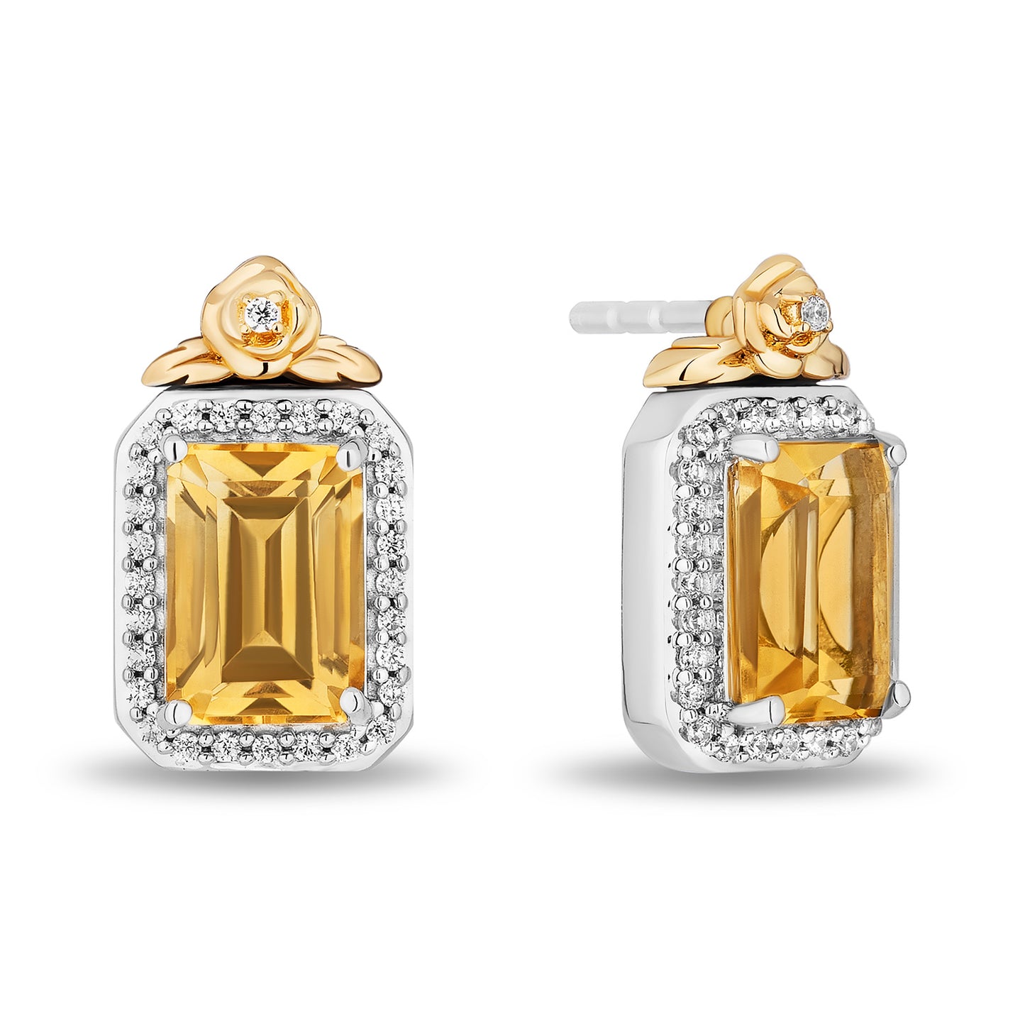 Enchanted Disney Fine Jewelry Sterling Silver and 10K Yellow Gold with 1/6 CTTW Diamonds and Citrine Belle Stud Earrings