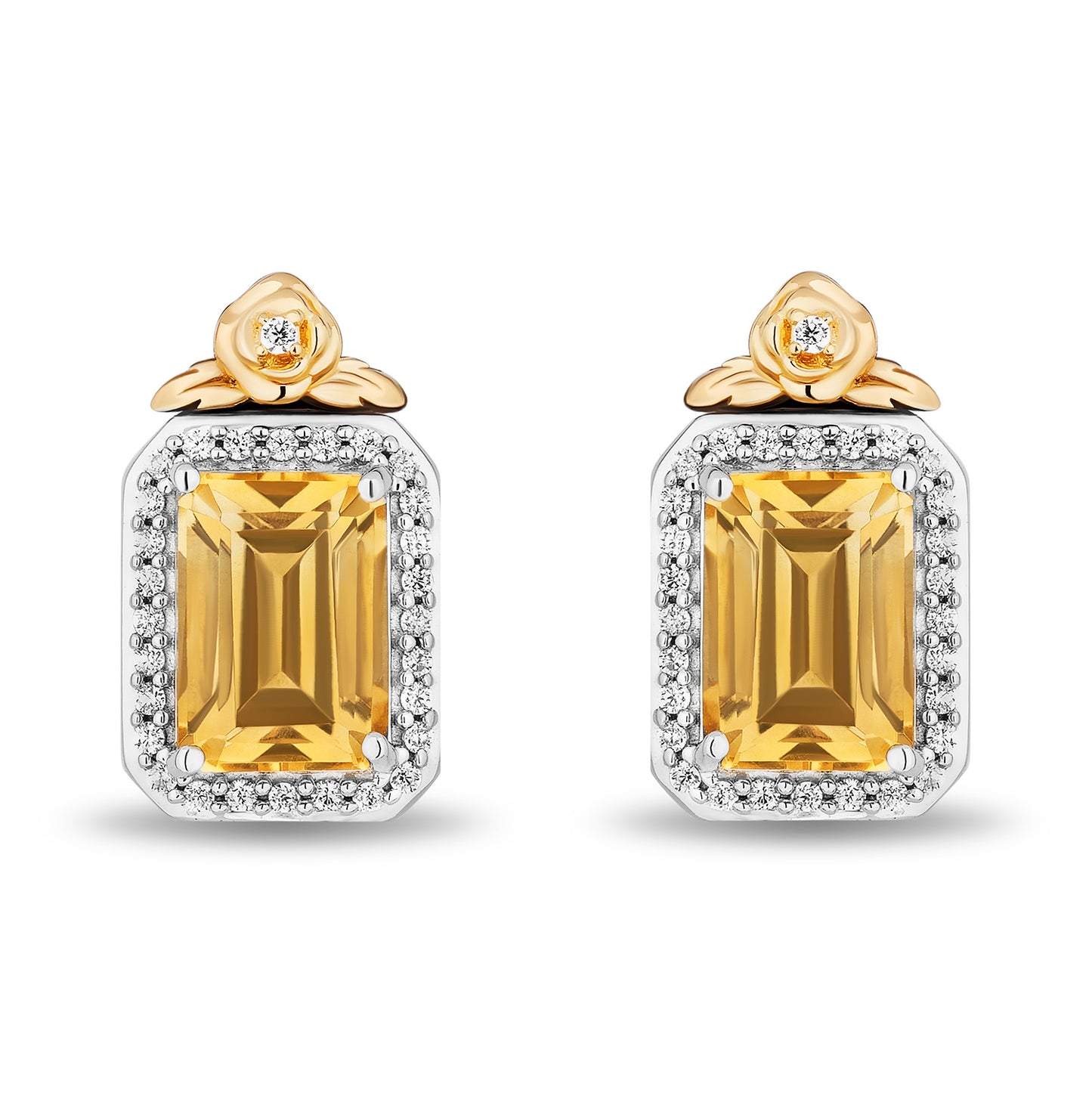Enchanted Disney Fine Jewelry Sterling Silver and 10K Yellow Gold with 1/6 CTTW Diamonds and Citrine Belle Stud Earrings