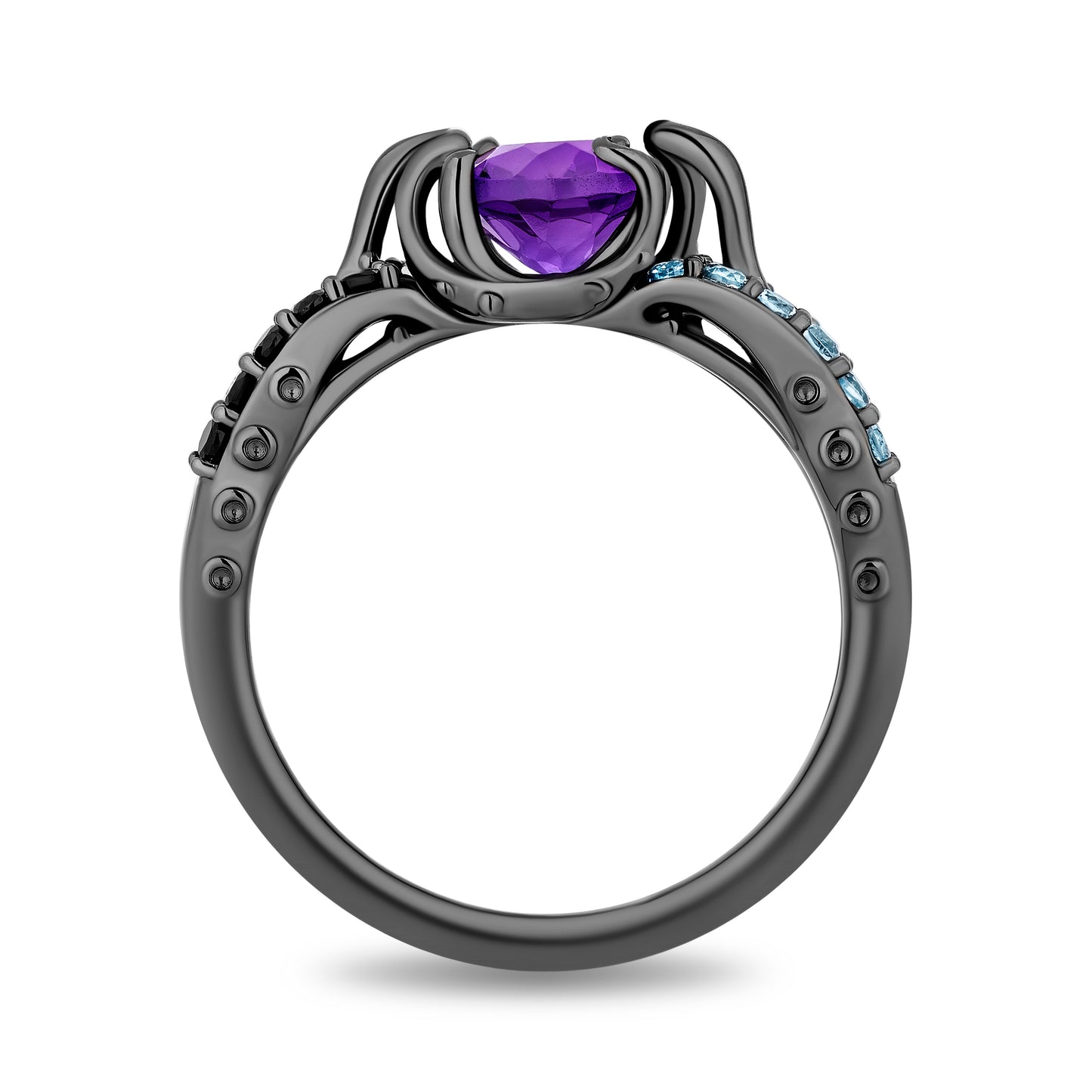 Enchanted Disney Fine Jewelry Black Rhodium Over Sterling Silver with 1/8 CTTW Diamonds, Amethyst and Swiss Blue Topaz Ursula Ring