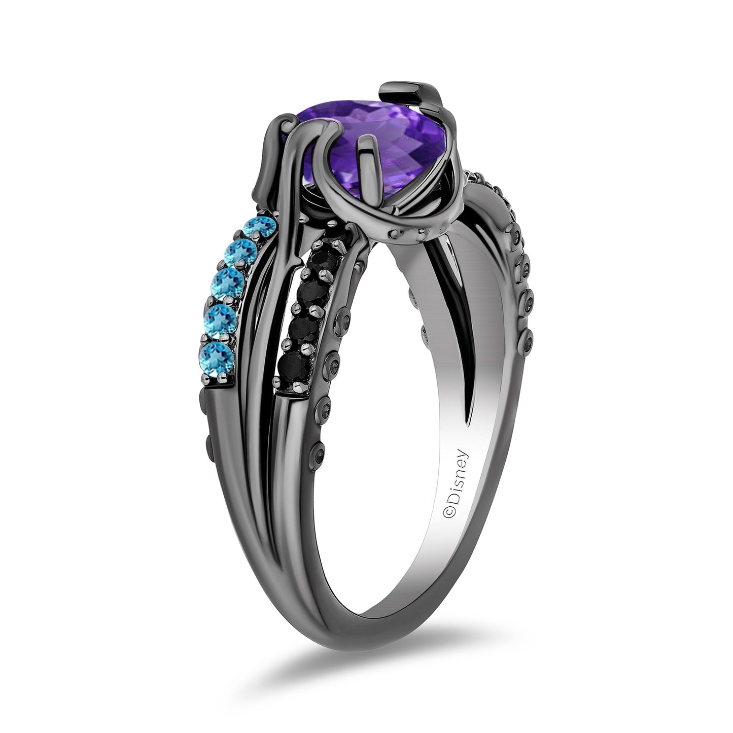 Enchanted Disney Fine Jewelry Black Rhodium Over Sterling Silver with 1/8 CTTW Diamonds, Amethyst and Swiss Blue Topaz Ursula Ring