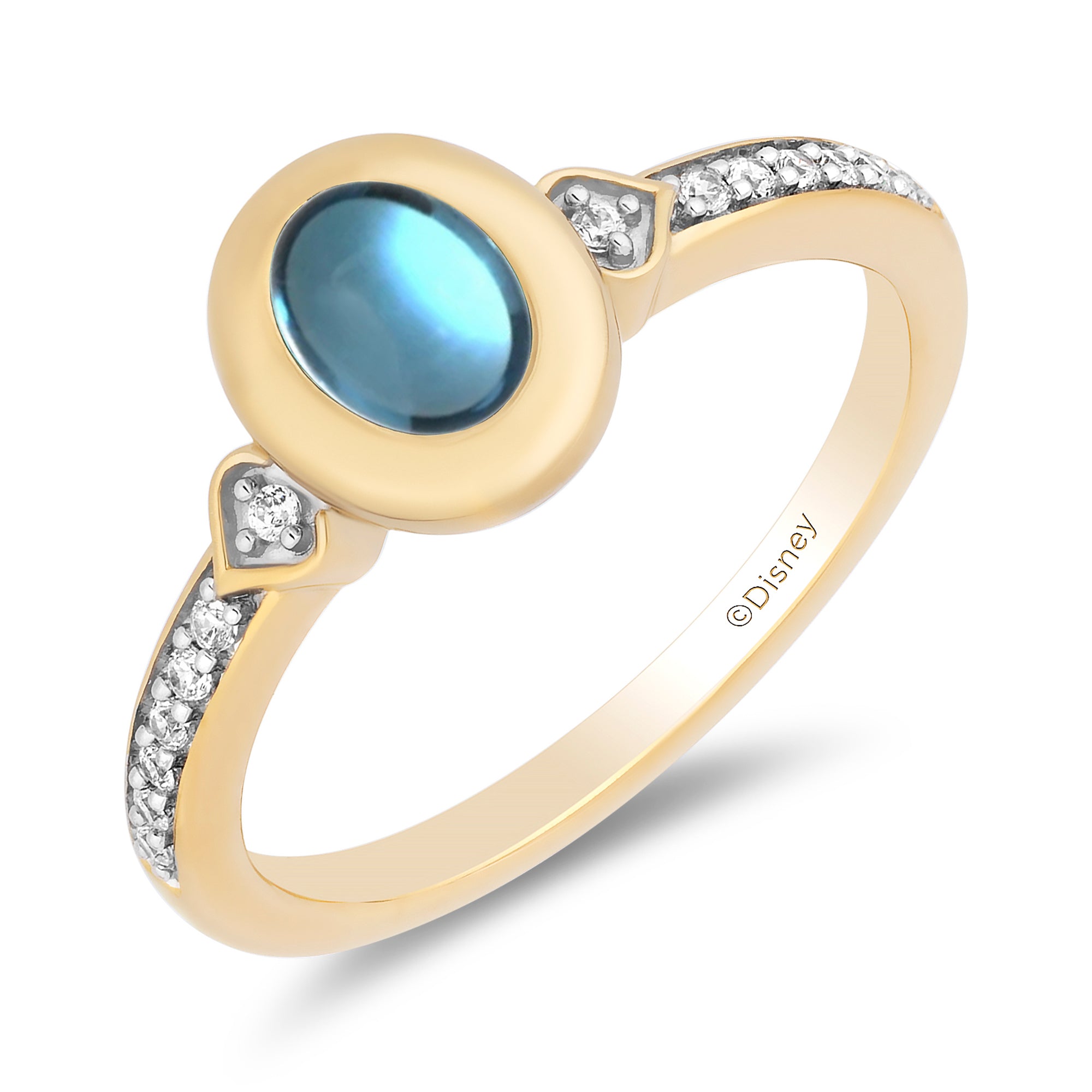 Enchanted Disney Fine Jewelry 14K Yellow Gold Over Sterling Silver with  1/10 CTTW Diamonds and Swiss Blue Topaz Jasmine Ring