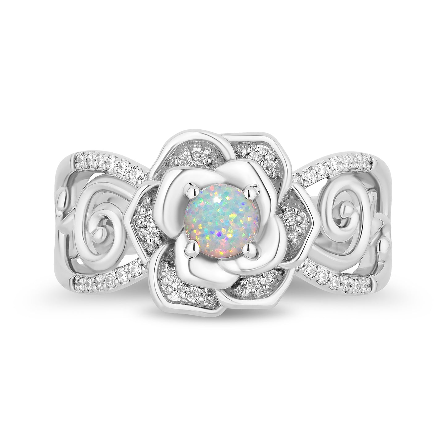 Enchanted Disney Fine Jewelry Sterling Silver with 1/8 CTTW Diamonds and Created Opal Cinderella Ring