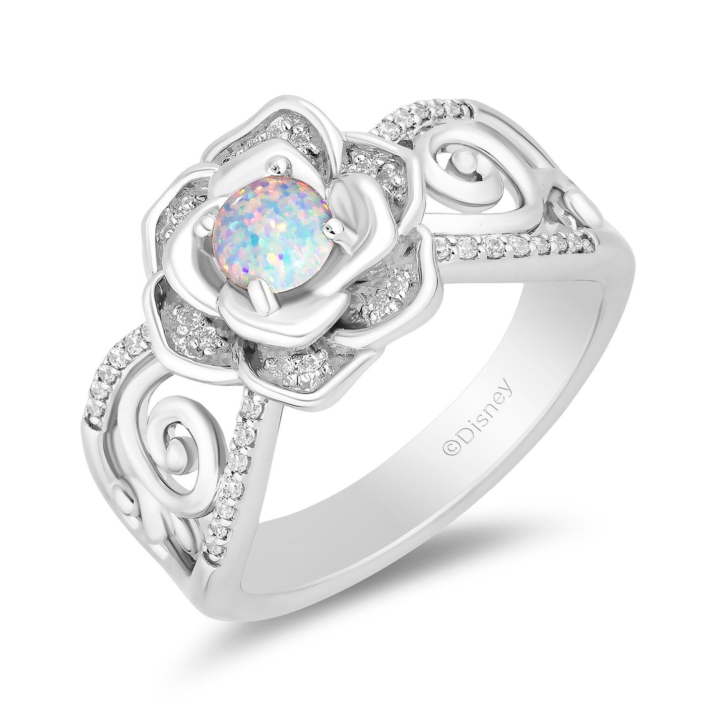 Enchanted Disney Fine Jewelry Sterling Silver with 1/8 CTTW Diamonds and Created Opal Cinderella Ring