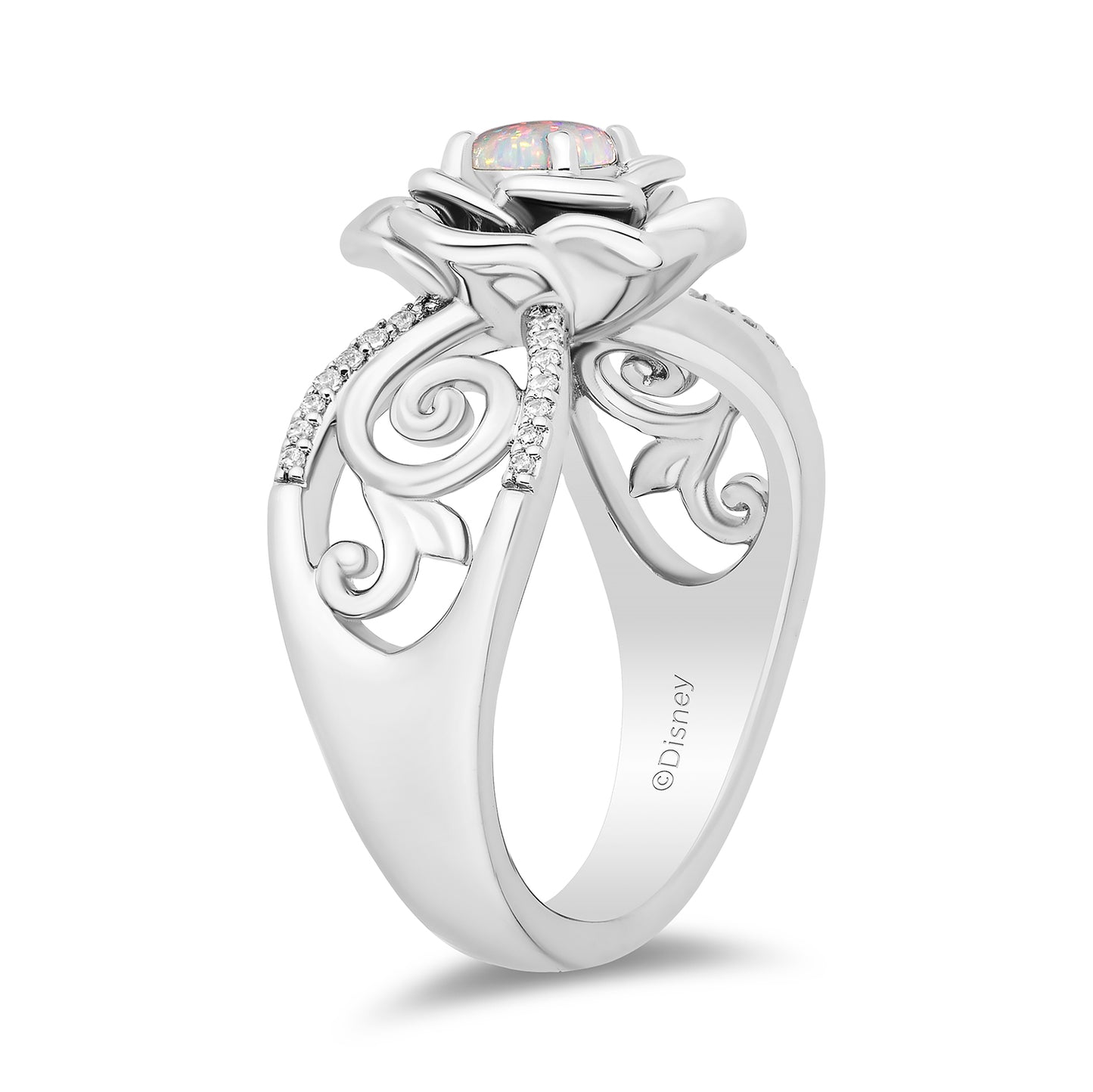 Enchanted Disney Fine Jewelry Sterling Silver with 1/8 CTTW Diamonds and Created Opal Cinderella Ring