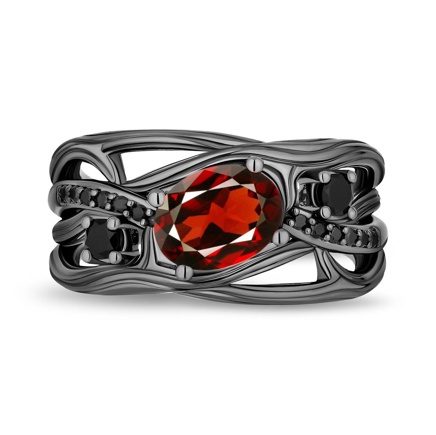 Enchanted Disney Fine Jewelry Black Rhodium Over Sterling Silver with 1/10 CTTW Black Diamonds and Garnet Evil Queen Dark Woods Ring