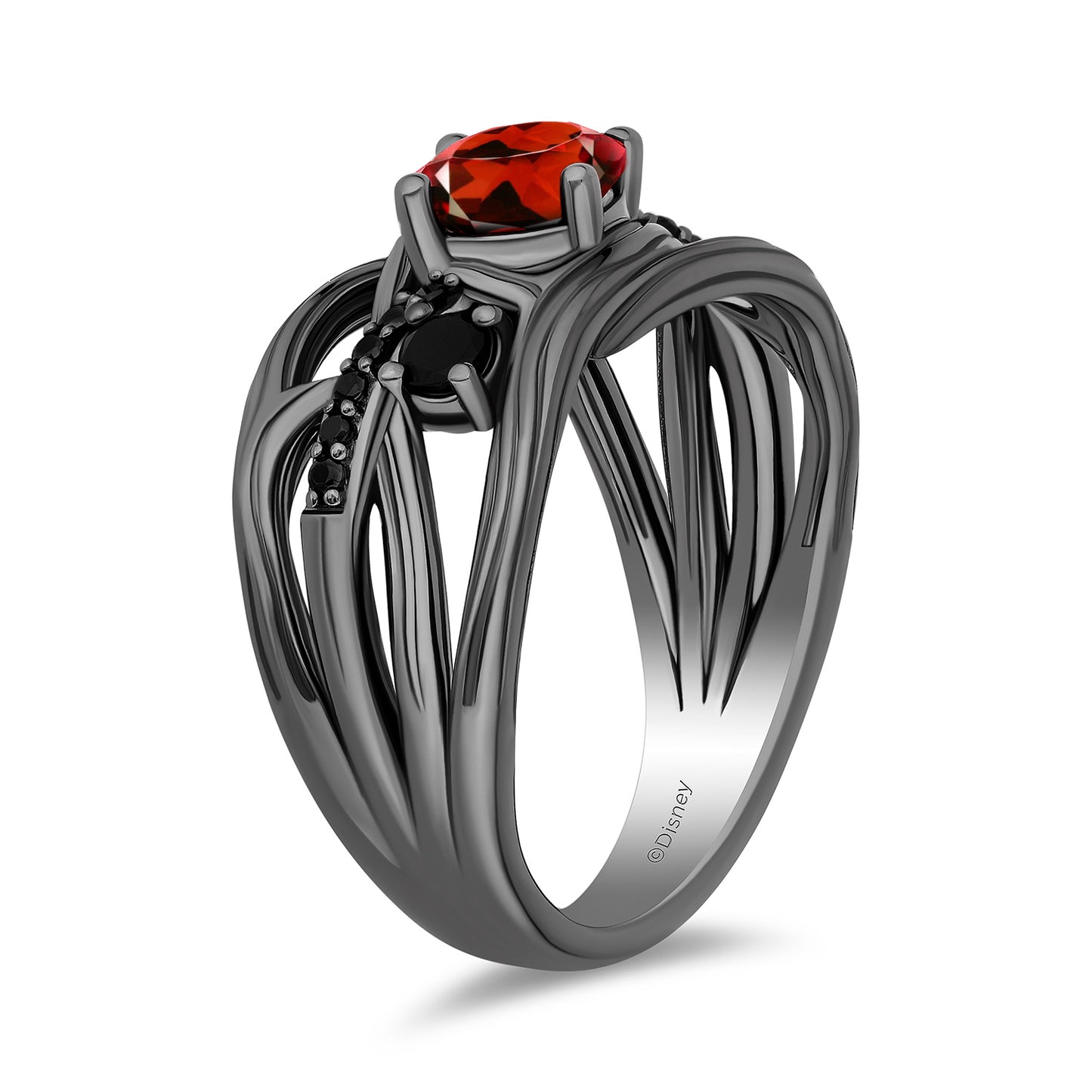 Enchanted Disney Fine Jewelry Black Rhodium Over Sterling Silver with 1/10 CTTW Black Diamonds and Garnet Evil Queen Dark Woods Ring