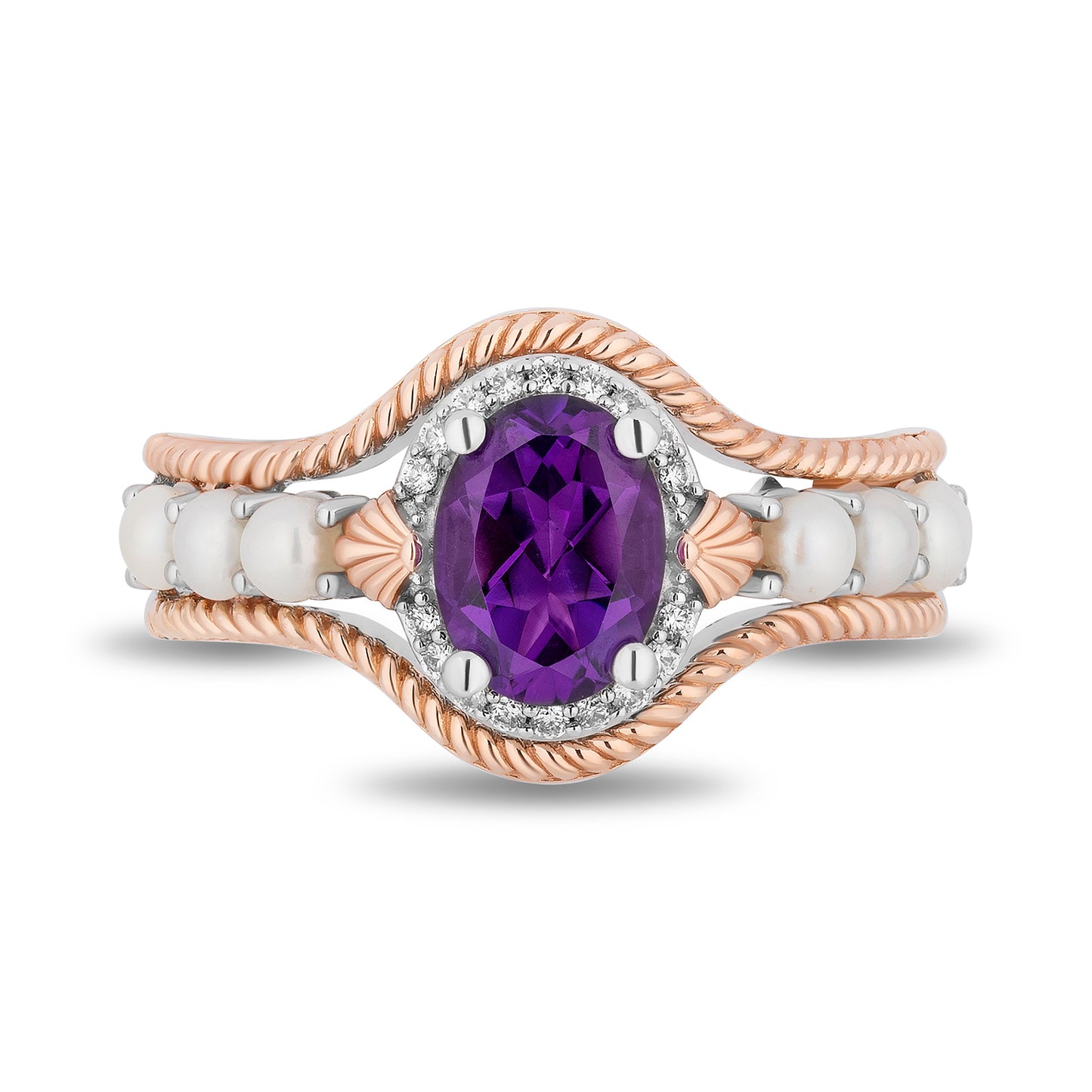 Enchanted Disney Fine Jewelry 14K Rose Gold Over Sterling Silver with 1/20 CTTW Diamonds, Amethyst and Fresh Water Pearl, Disney's Ariel Ring