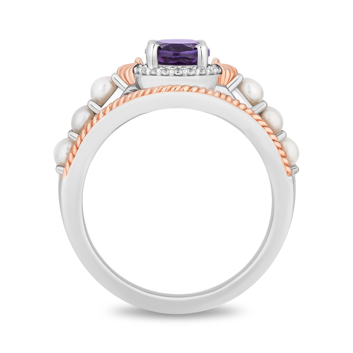 Enchanted Disney Fine Jewelry 14K Rose Gold Over Sterling Silver with 1/20 CTTW Diamonds and Amethyst and Fresh Water Pearl Little Mermaid 35th Anniversary Ariel Ring