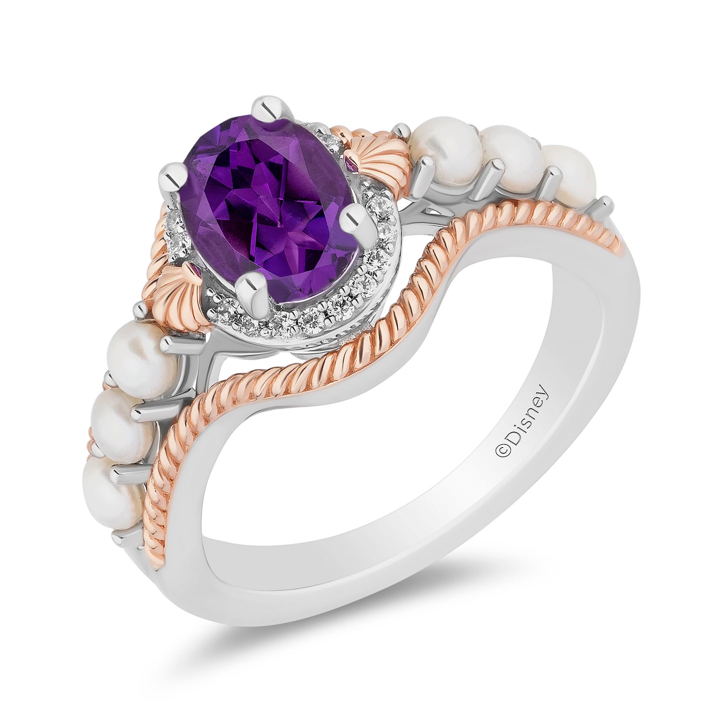 Enchanted Disney Fine Jewelry 14K Rose Gold Over Sterling Silver with 1/20 CTTW Diamonds, Amethyst and Fresh Water Pearl, Disney's Ariel Ring