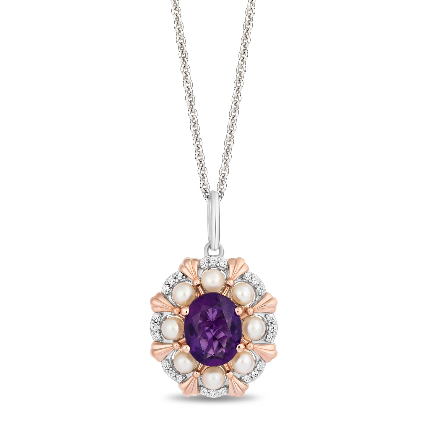 Enchanted Disney Fine Jewelry 14K Rose Gold Over Sterling Silver with 1/10 CTTW Diamonds, Amethyst and Fresh Water Pearl, Disney's Ariel Pendant Necklace