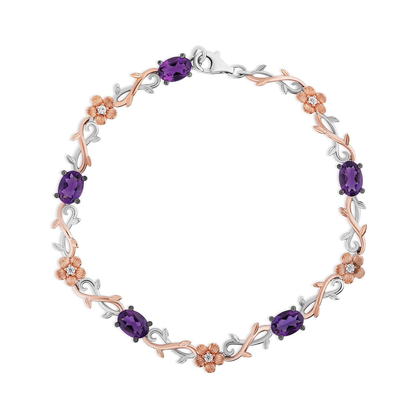 Enchanted Disney Fine Jewelry Sterling Silver over 14K Rose Gold with 1/8 CTTW Diamonds and Amethyst Rapunzel Bracelet
