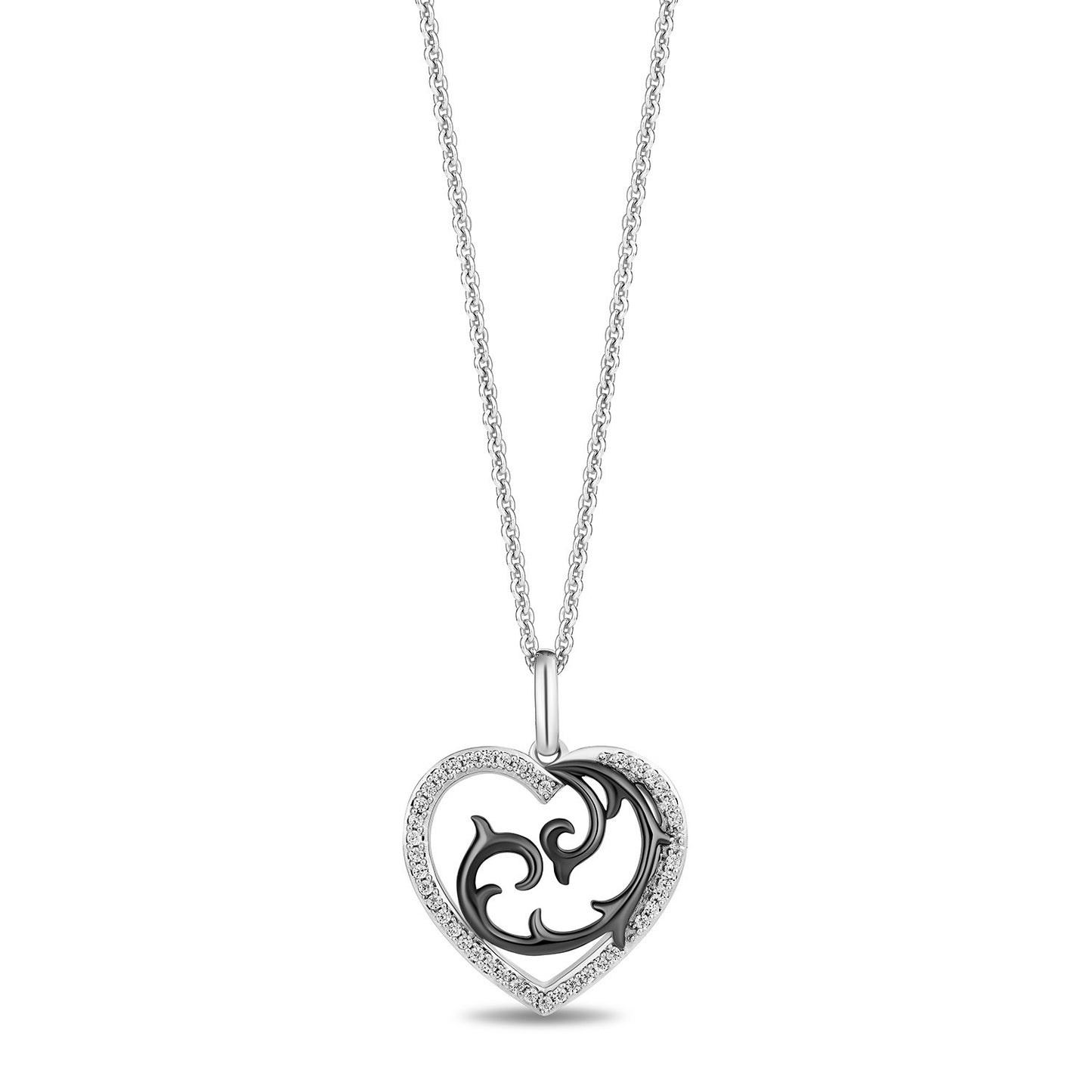 Enchanted Disney Fine Jewelry Black Rhodium Over Sterling Silver with 1/8 CTTW Diamonds Maleficent Heart Necklace