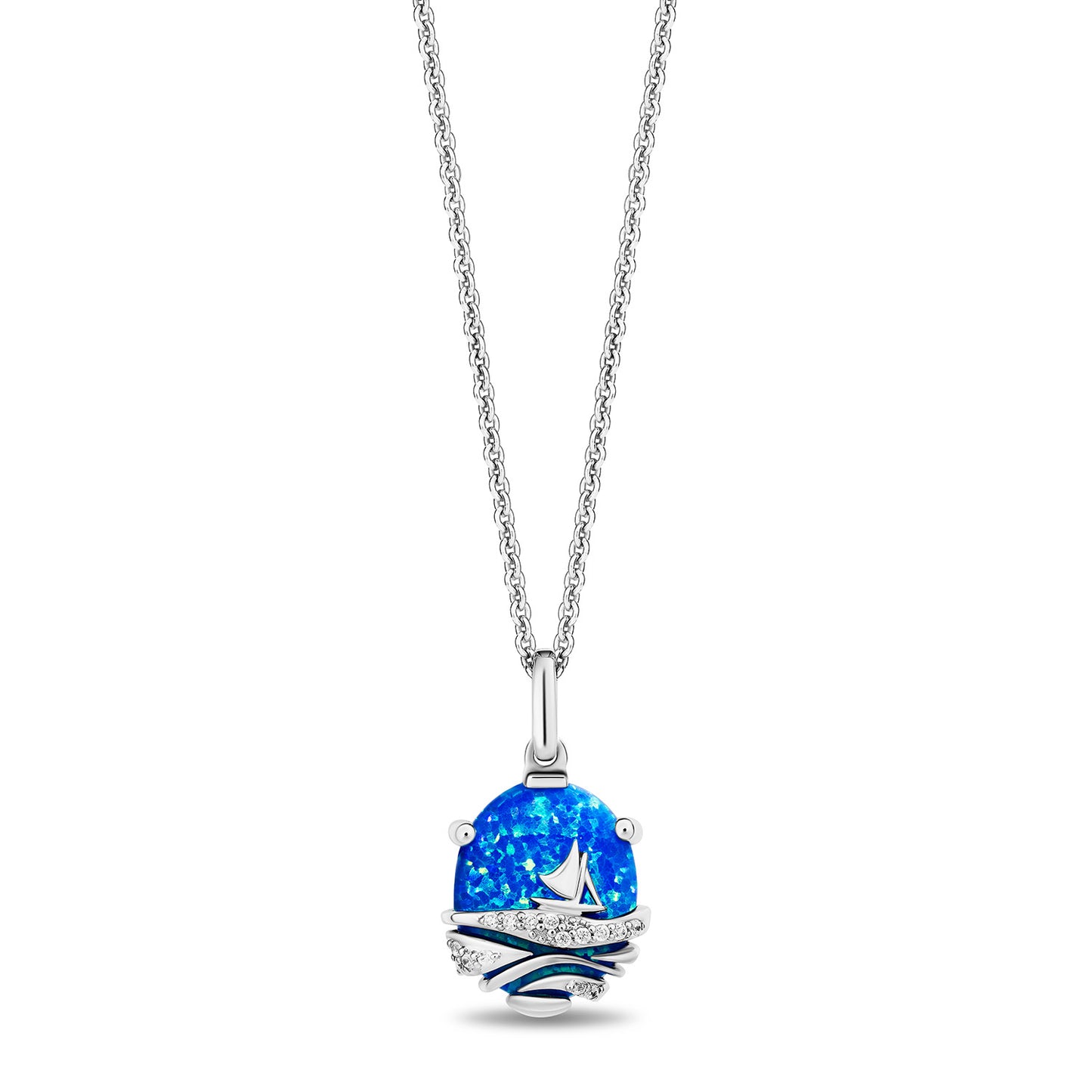 Enchanted Disney Fine Jewelry Sterling Silver with 1/20 CTTW Diamonds and Created Blue Opal Moana Necklace